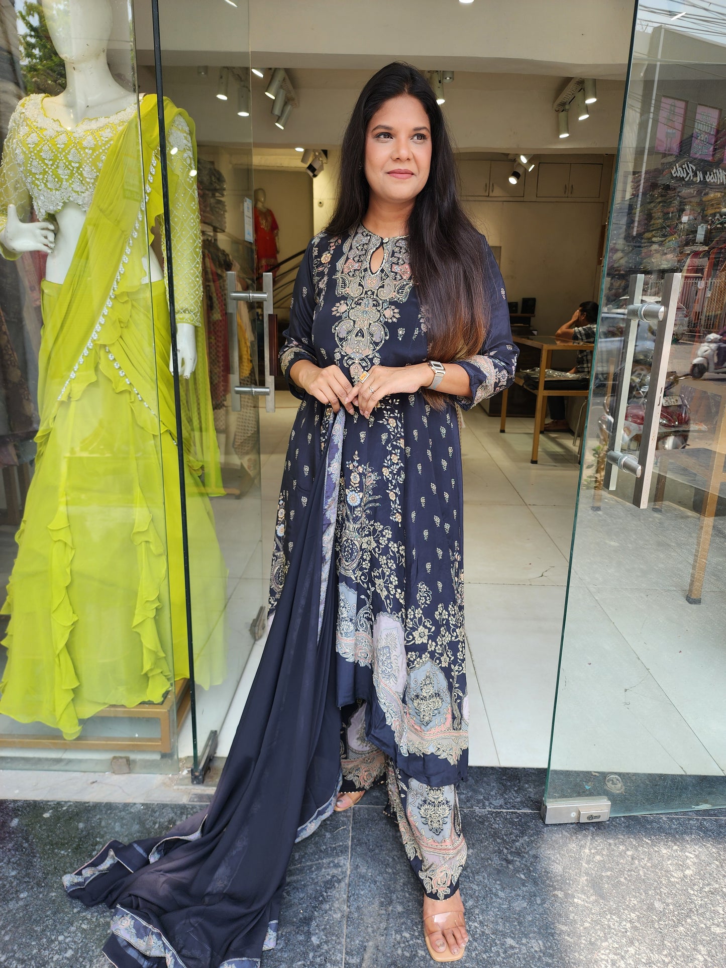 Black digital print high low suit
