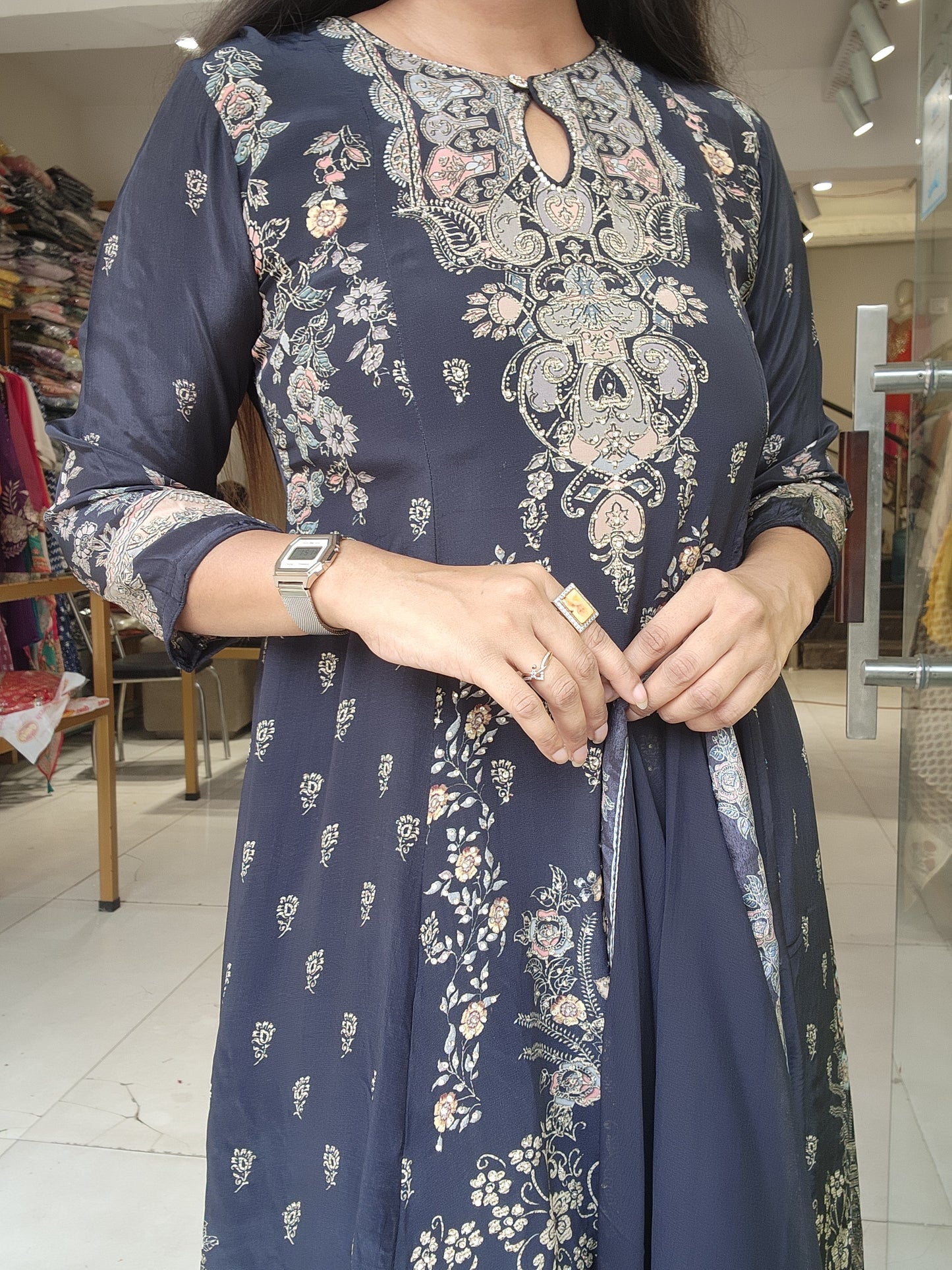 Black digital print high low suit