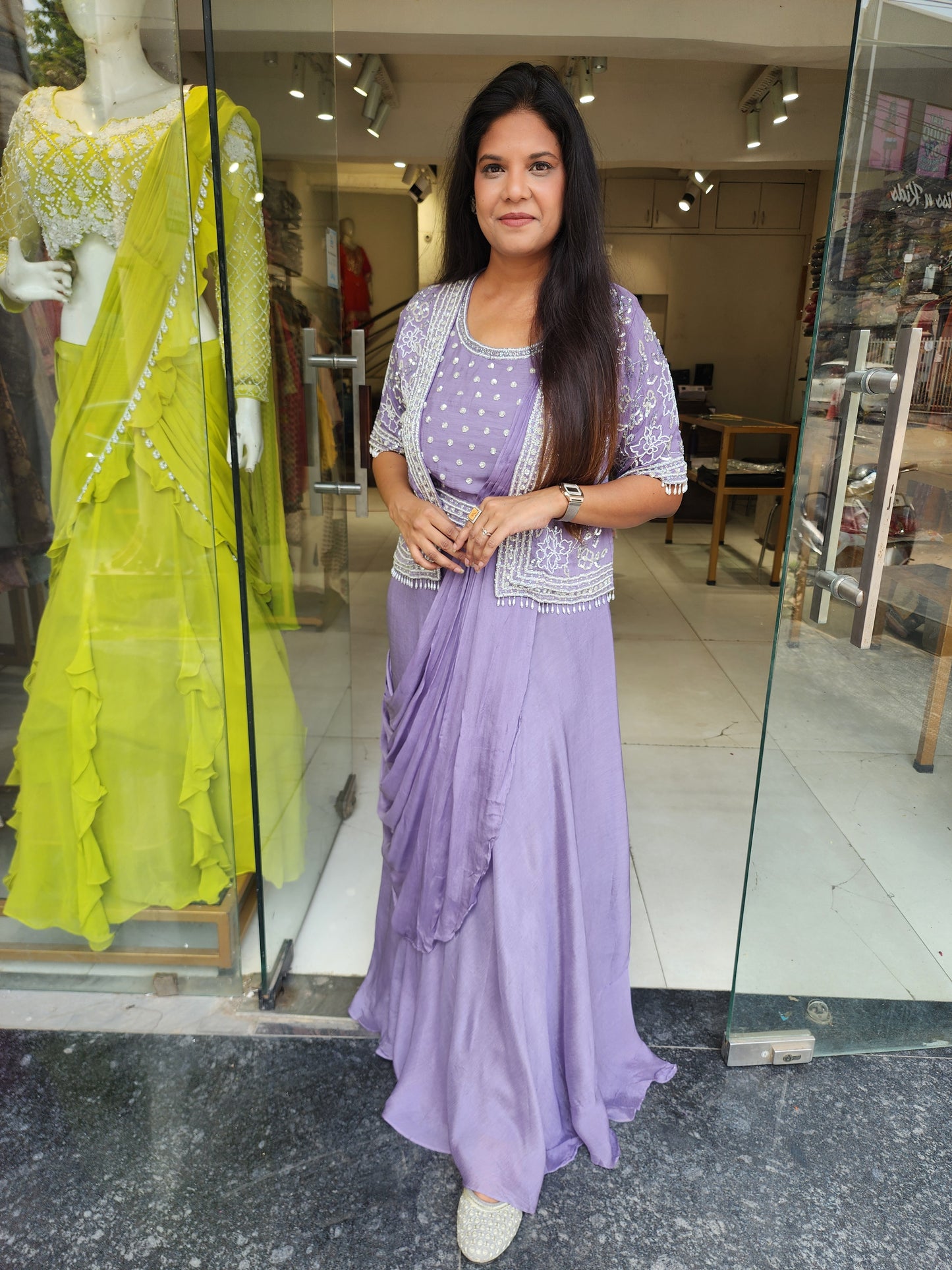 Lavender drape gown with jacket and belt