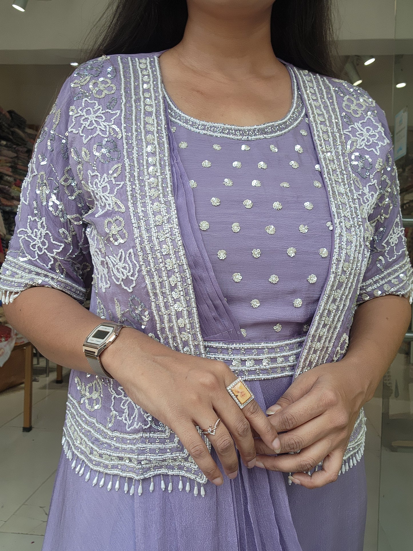 Lavender drape gown with jacket and belt