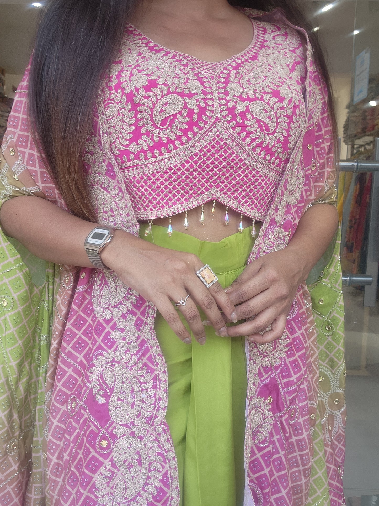 Neon green indowestern cowl dress