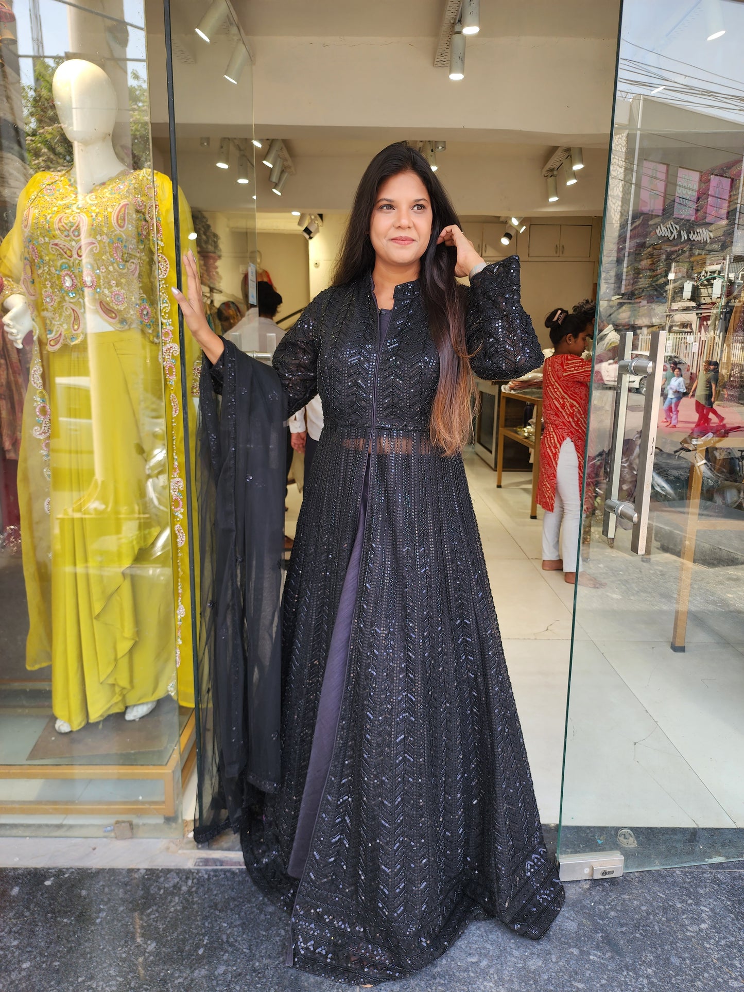 Black centre slit indowestern dress
