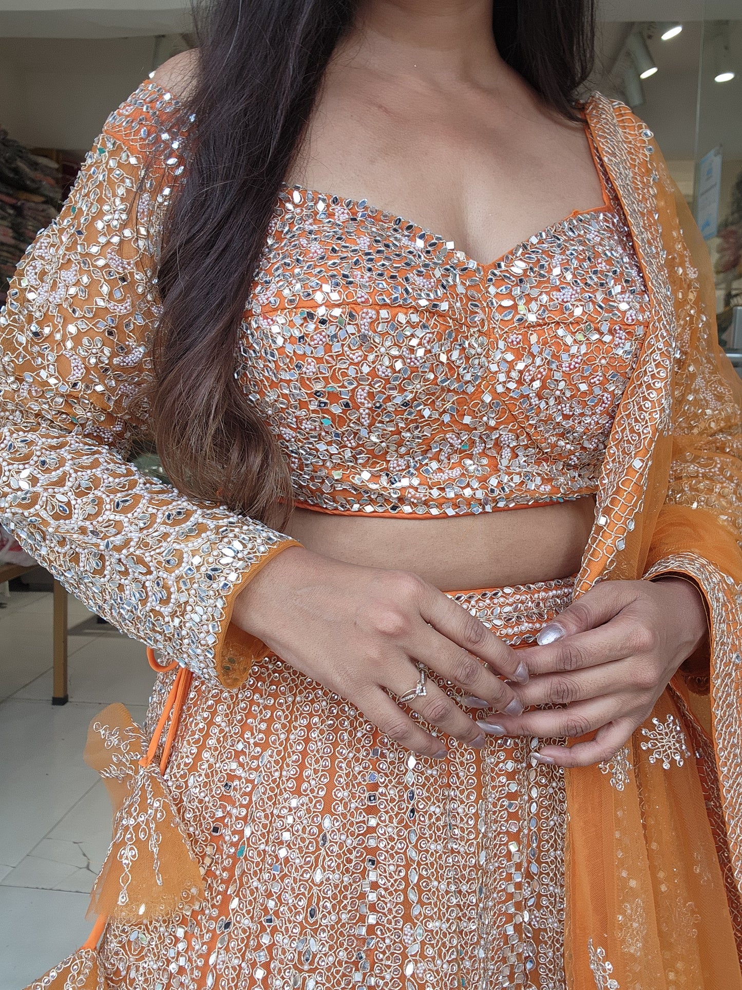 Mannat real mirror orange lehenga
