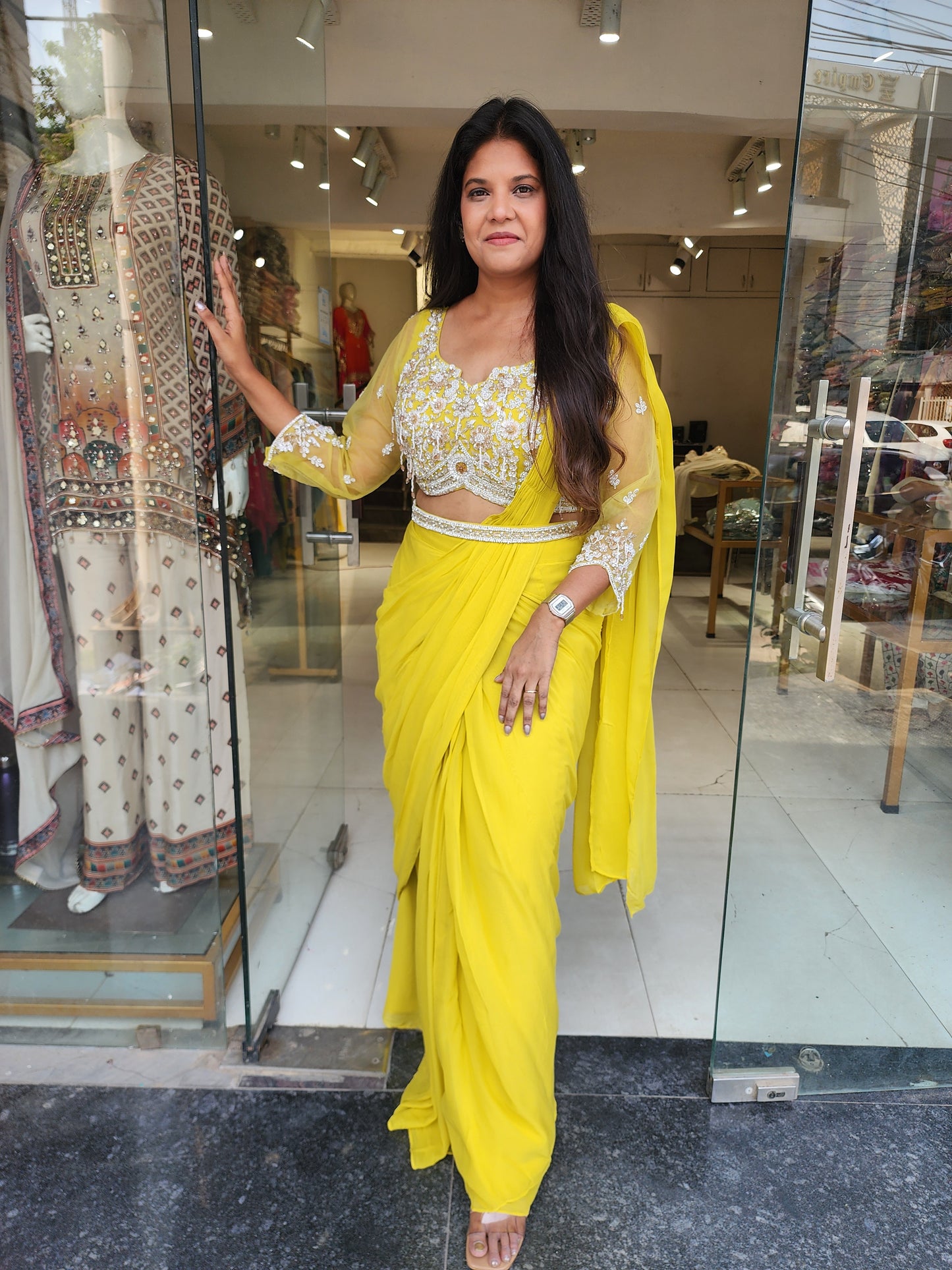 Lime yellow cutwork drape saree