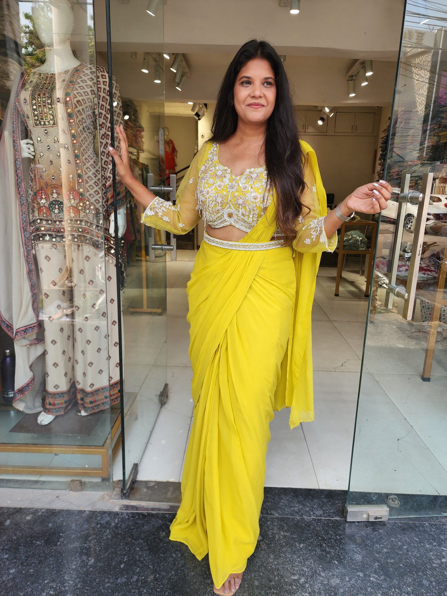 Lime yellow cutwork drape saree
