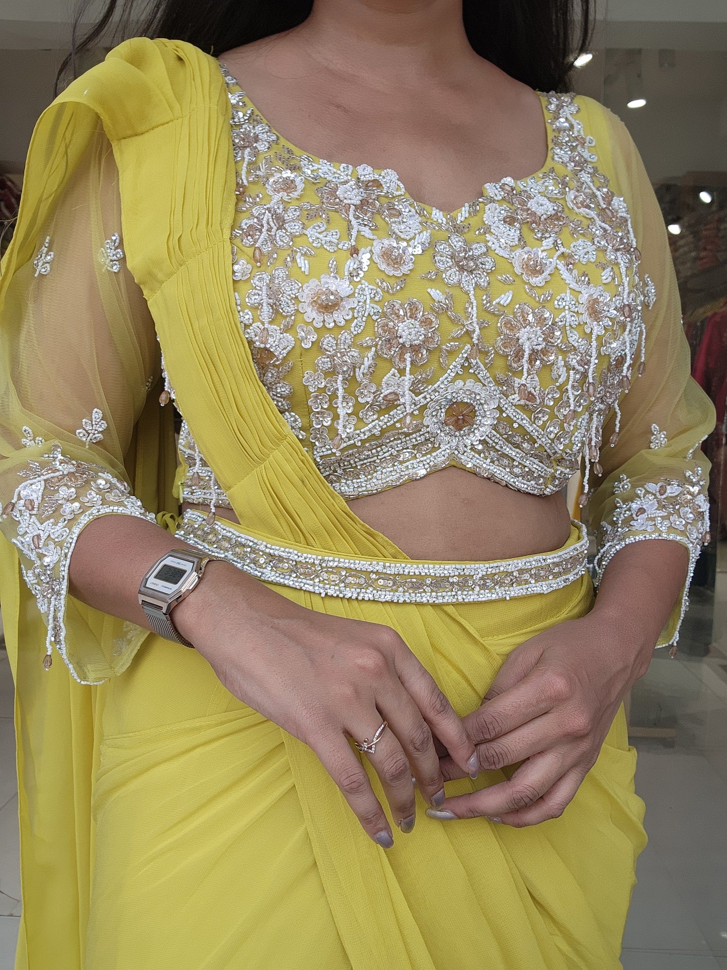 Lime yellow cutwork drape saree