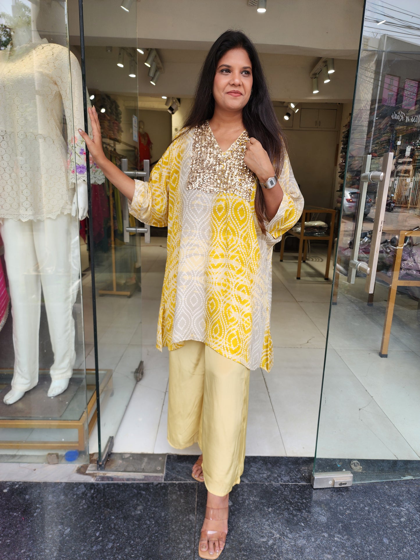 Yellow baggy bandhani print bling co-ord set
