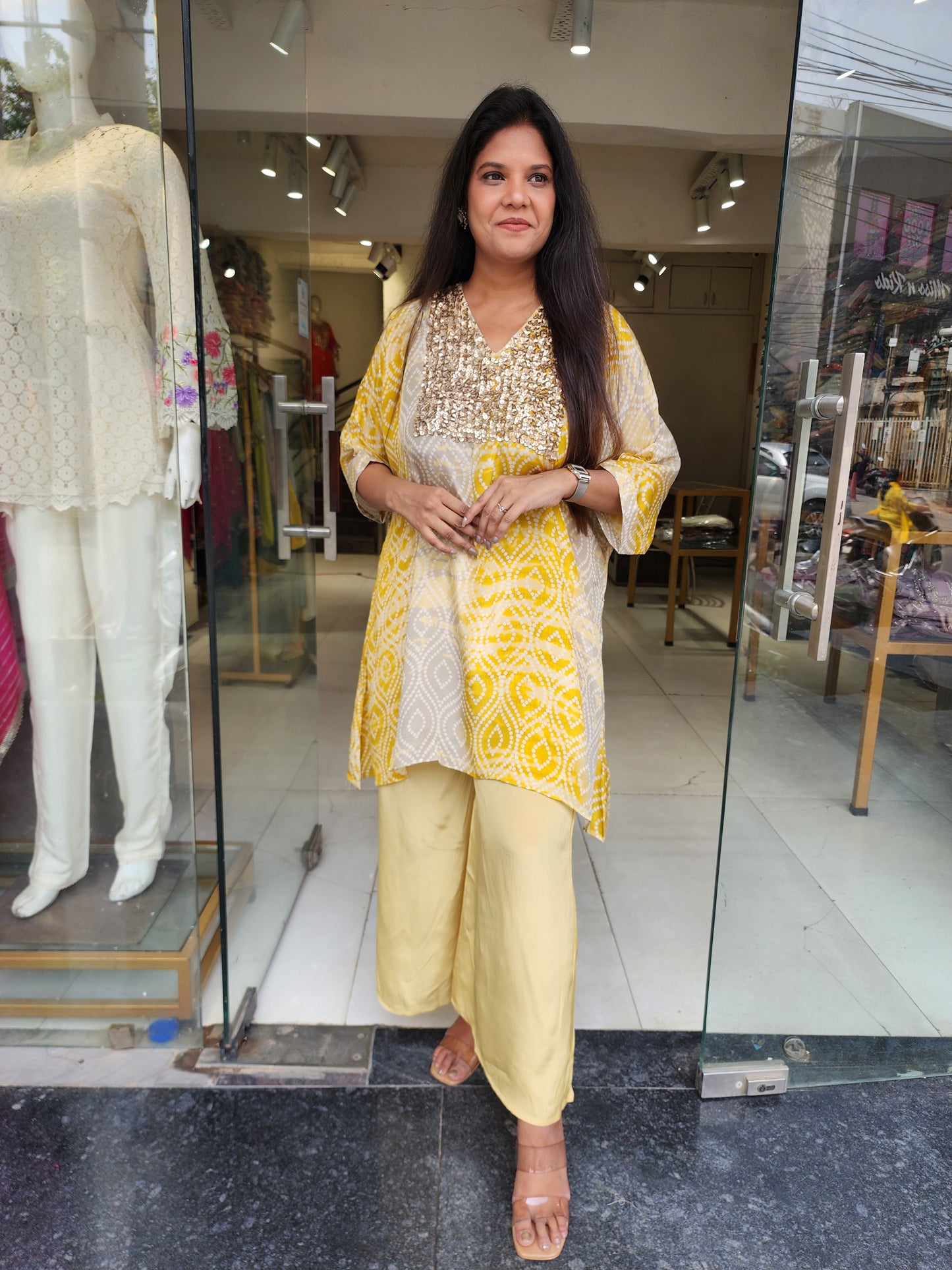 Yellow baggy bandhani print bling co-ord set