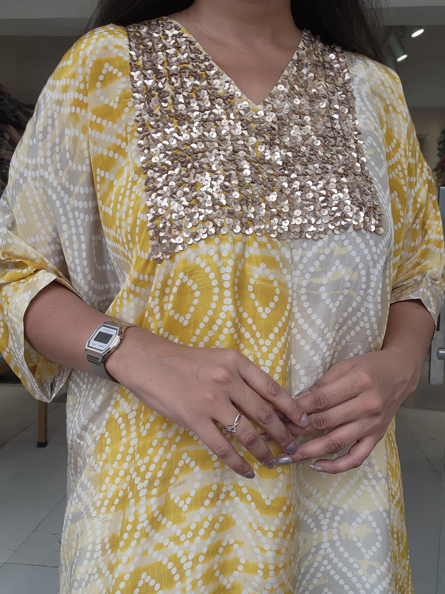 Yellow baggy bandhani print bling co-ord set
