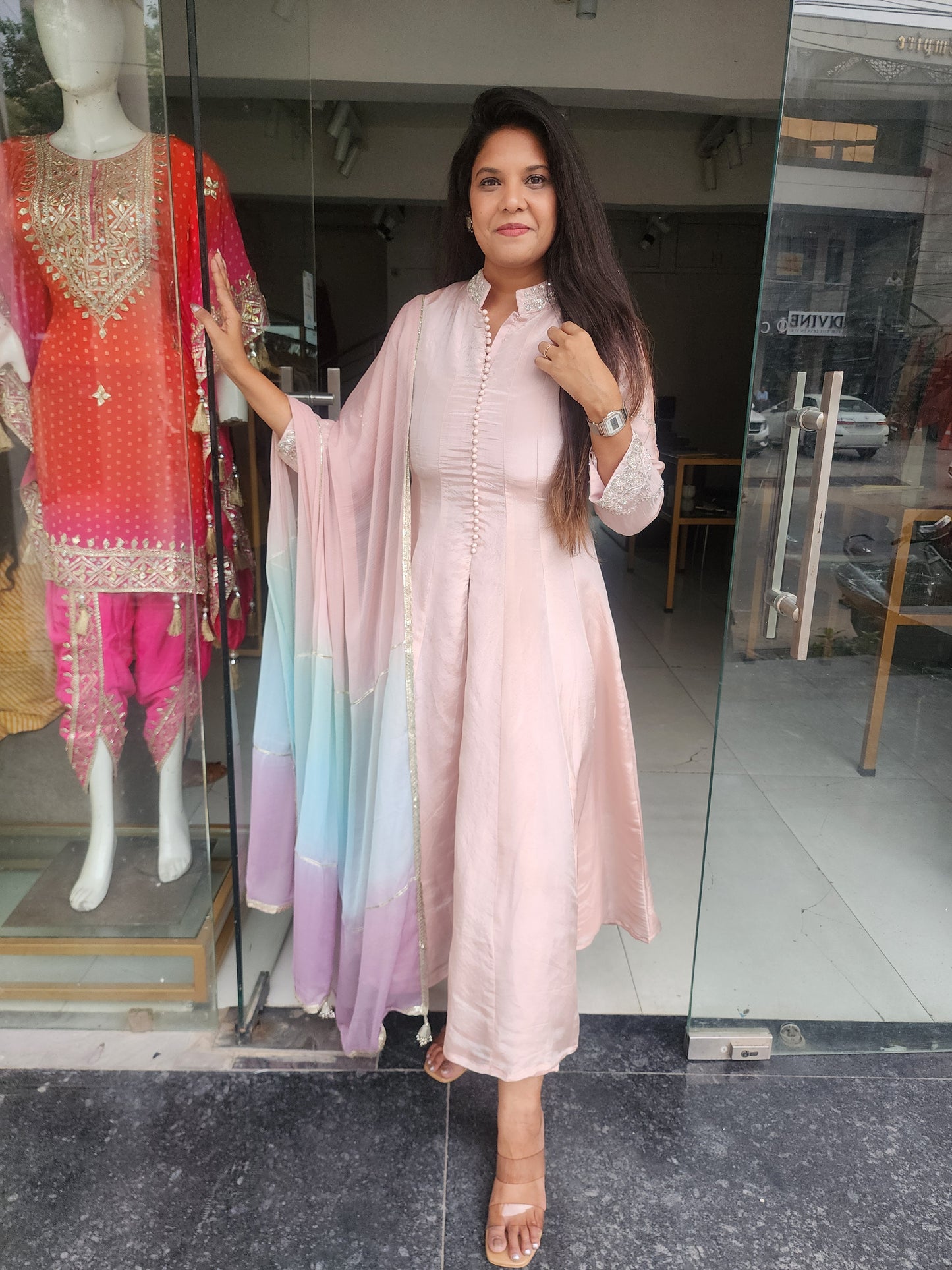 Light peachy pink tissue suit with 3d dupatta