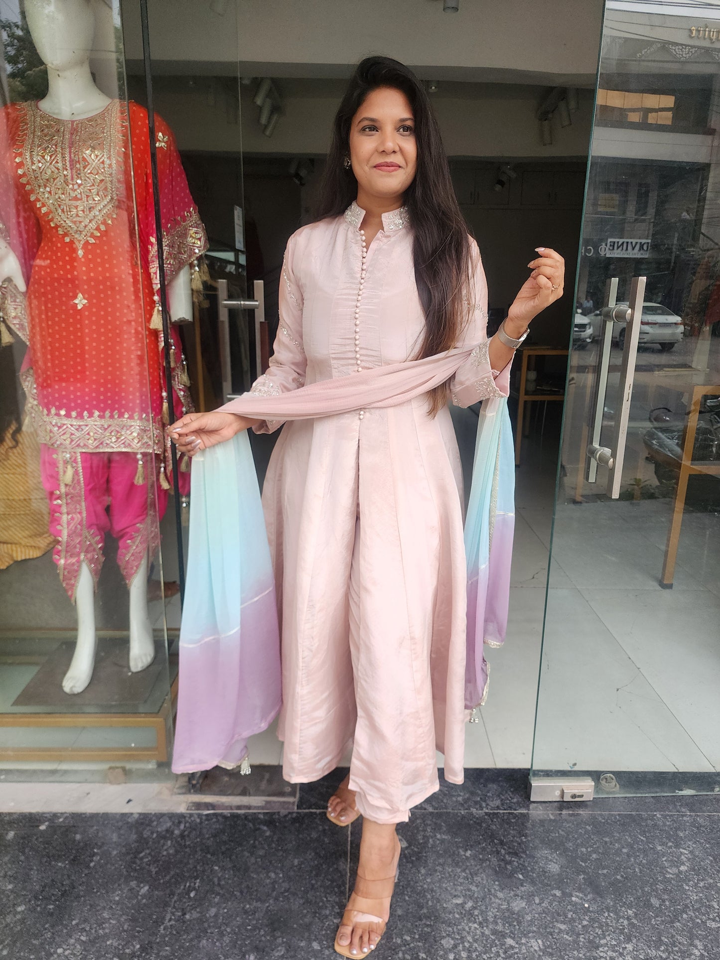 Light peachy pink tissue suit with 3d dupatta