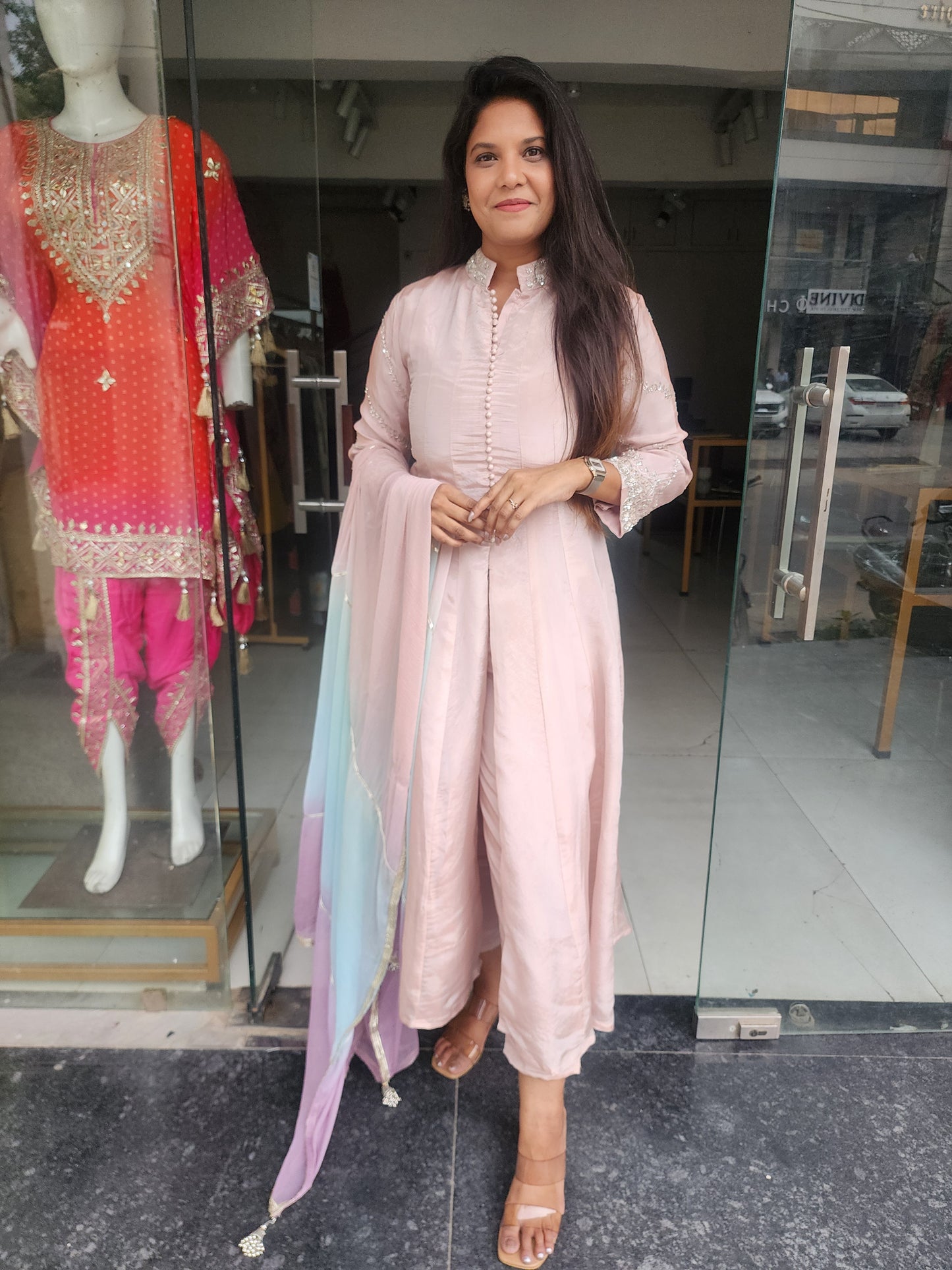 Light peachy pink tissue suit with 3d dupatta