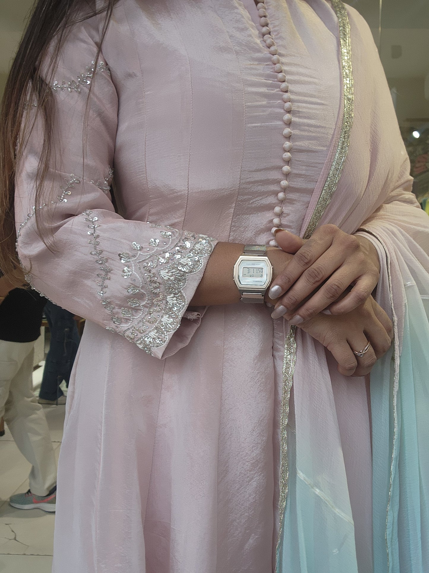 Light peachy pink tissue suit with 3d dupatta