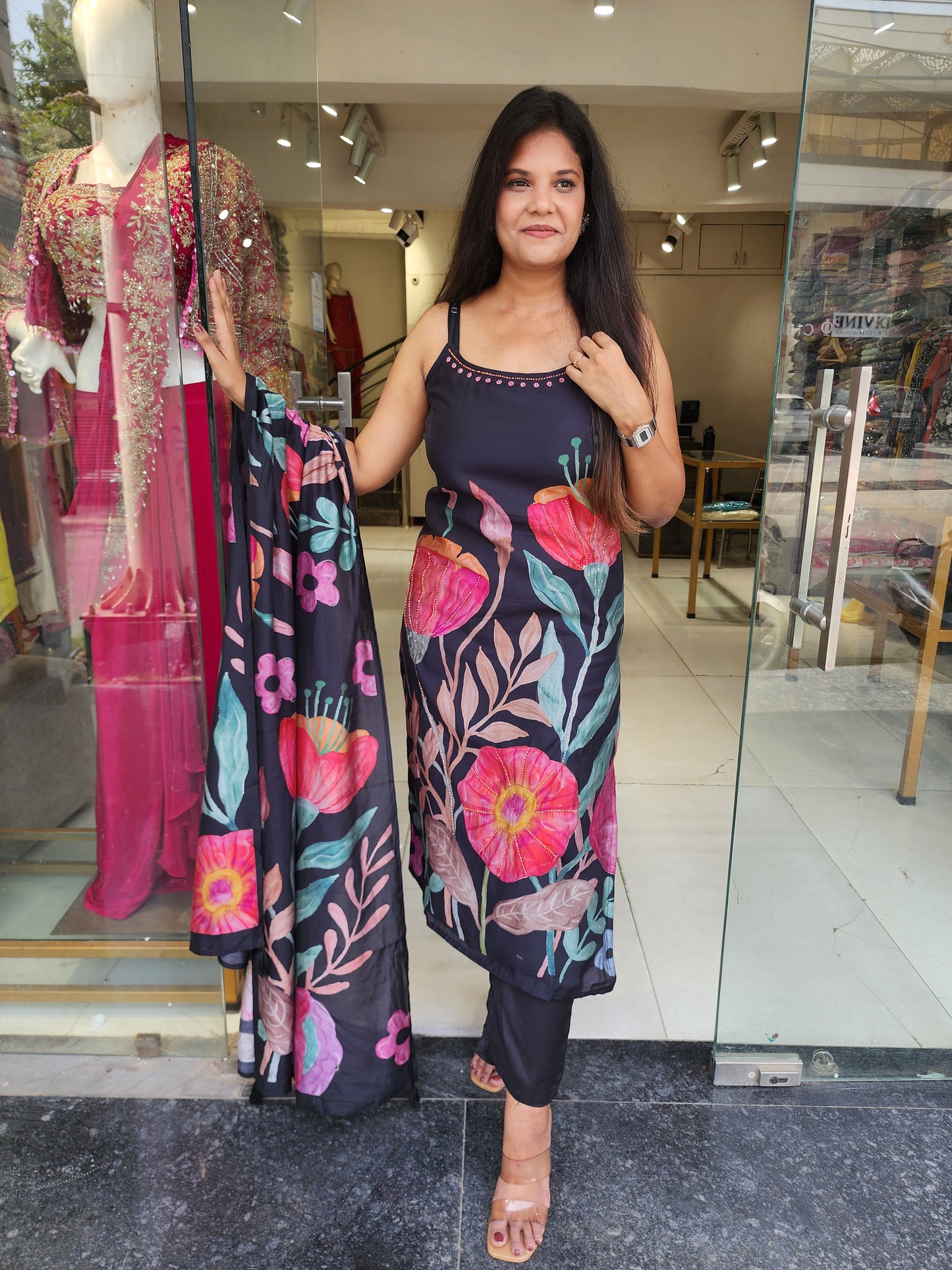 Black step floral print muslin straight cut suit