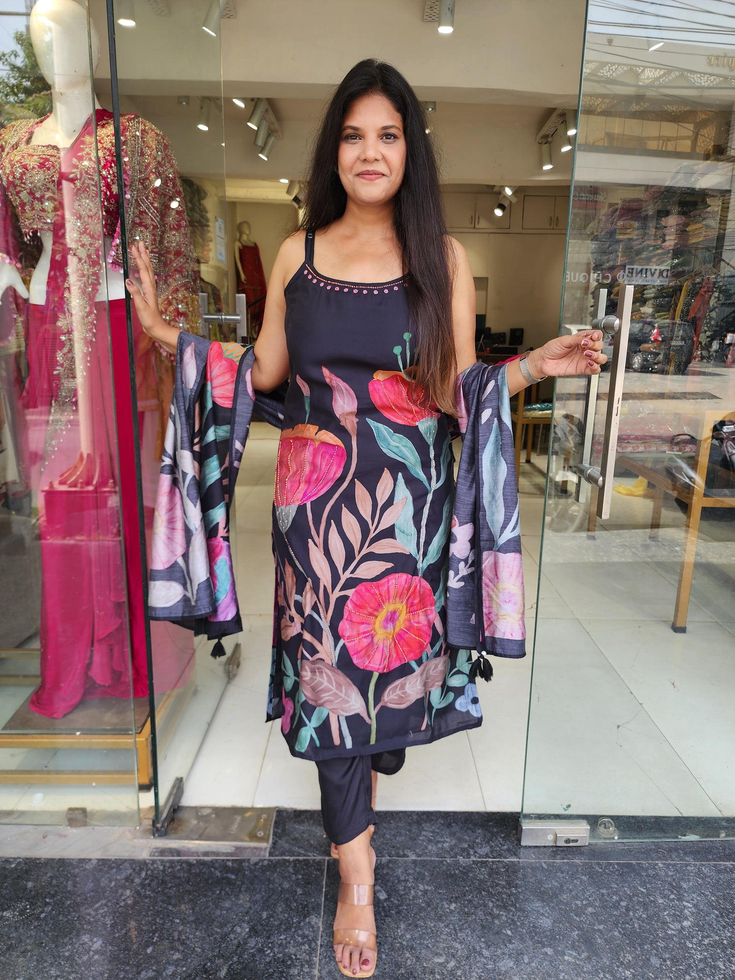 Black step floral print muslin straight cut suit