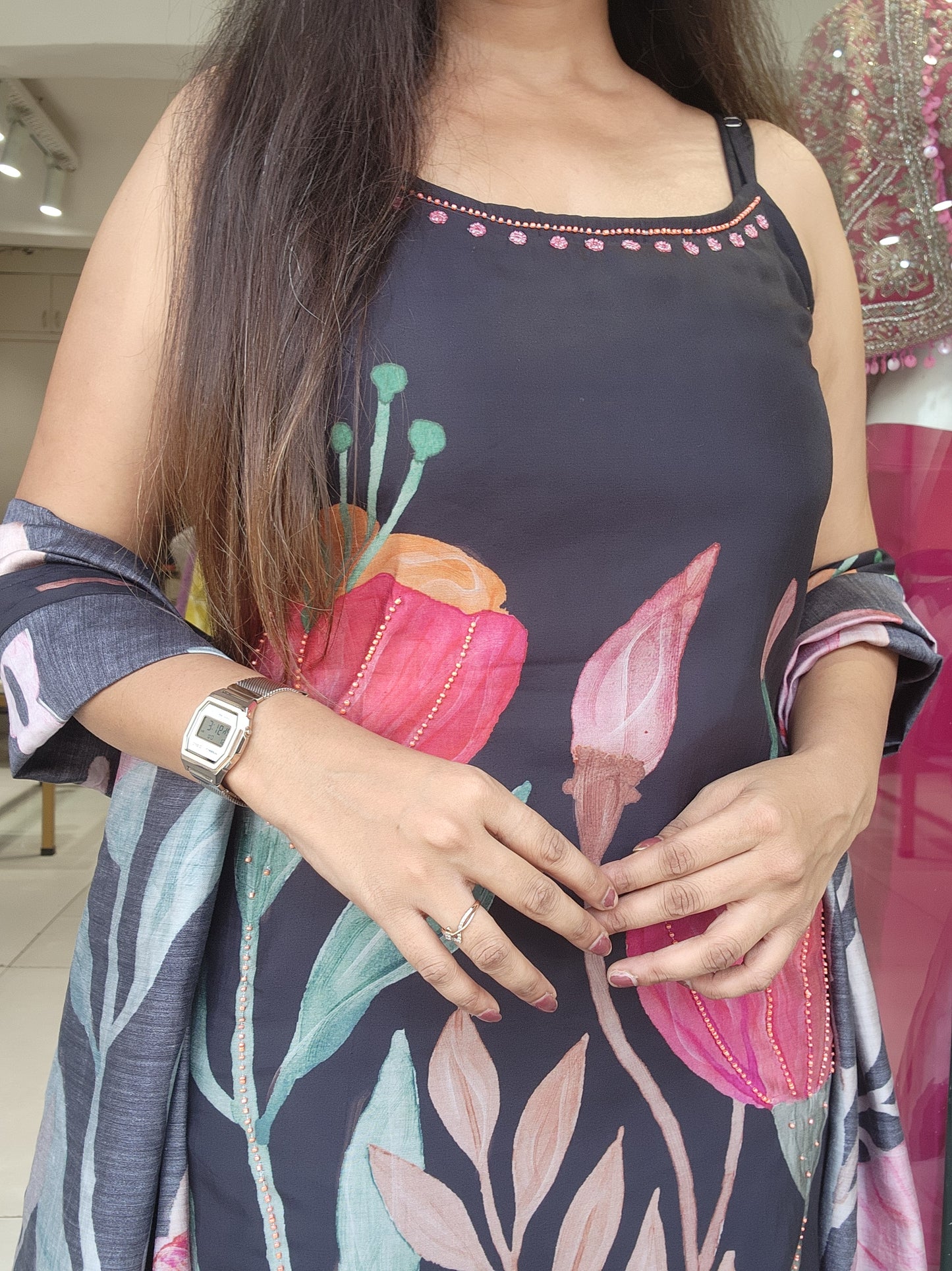 Black step floral print muslin straight cut suit