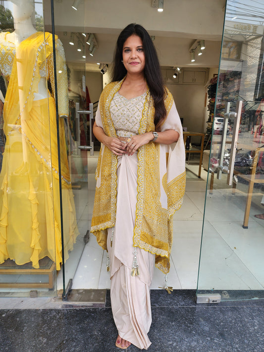 Mustard bandhani cape 3pc indowestern dress