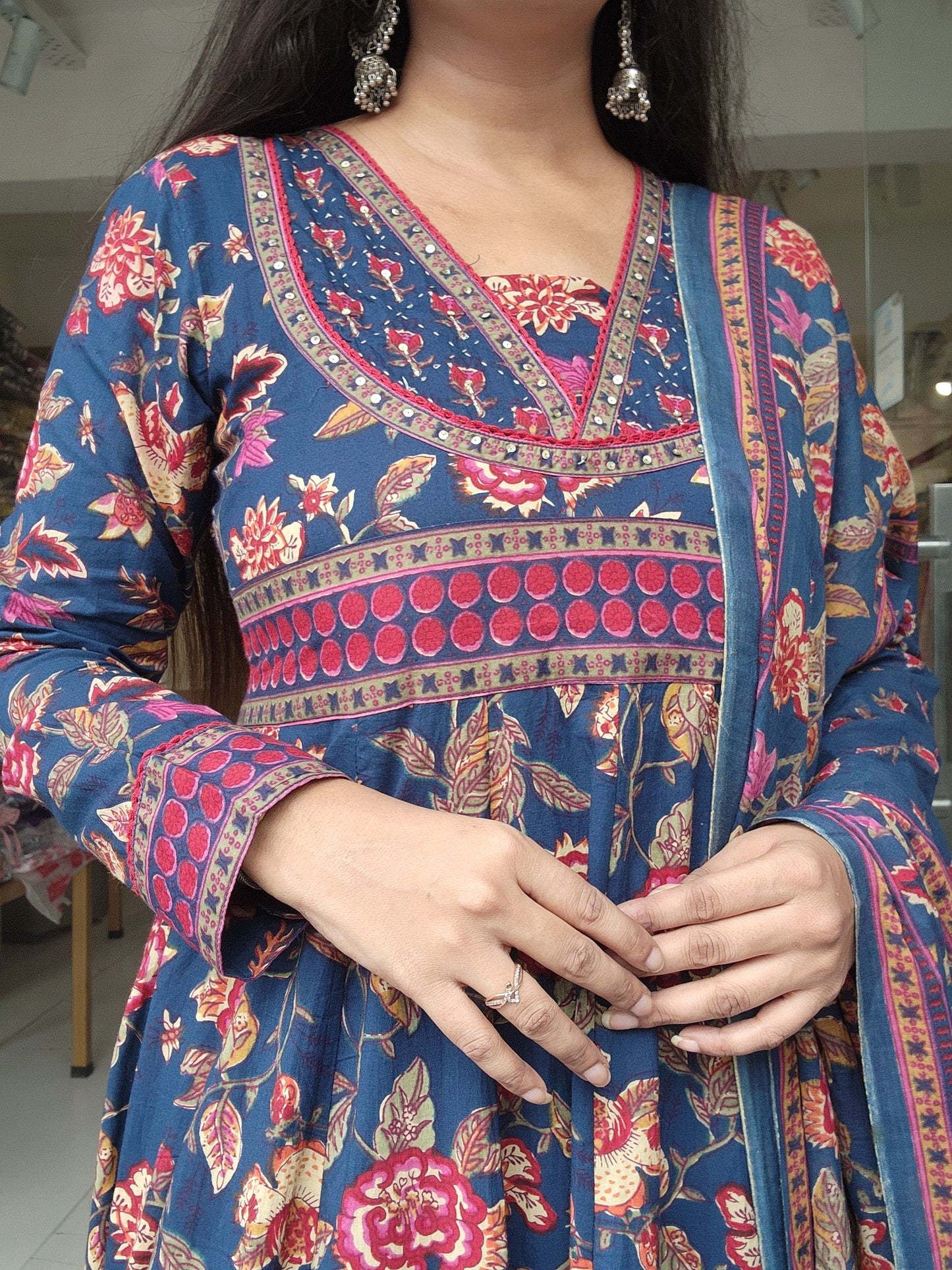 Blue floral 3pc anarkali suit with pants