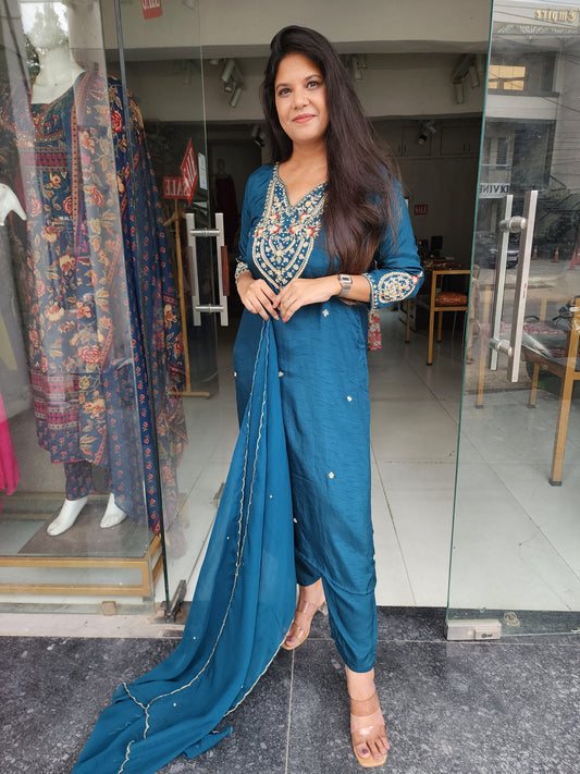 Teal blue embellished straight cut suit