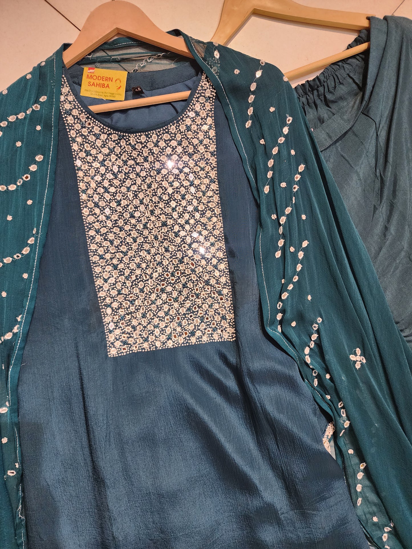 Blue mirror work straight suit