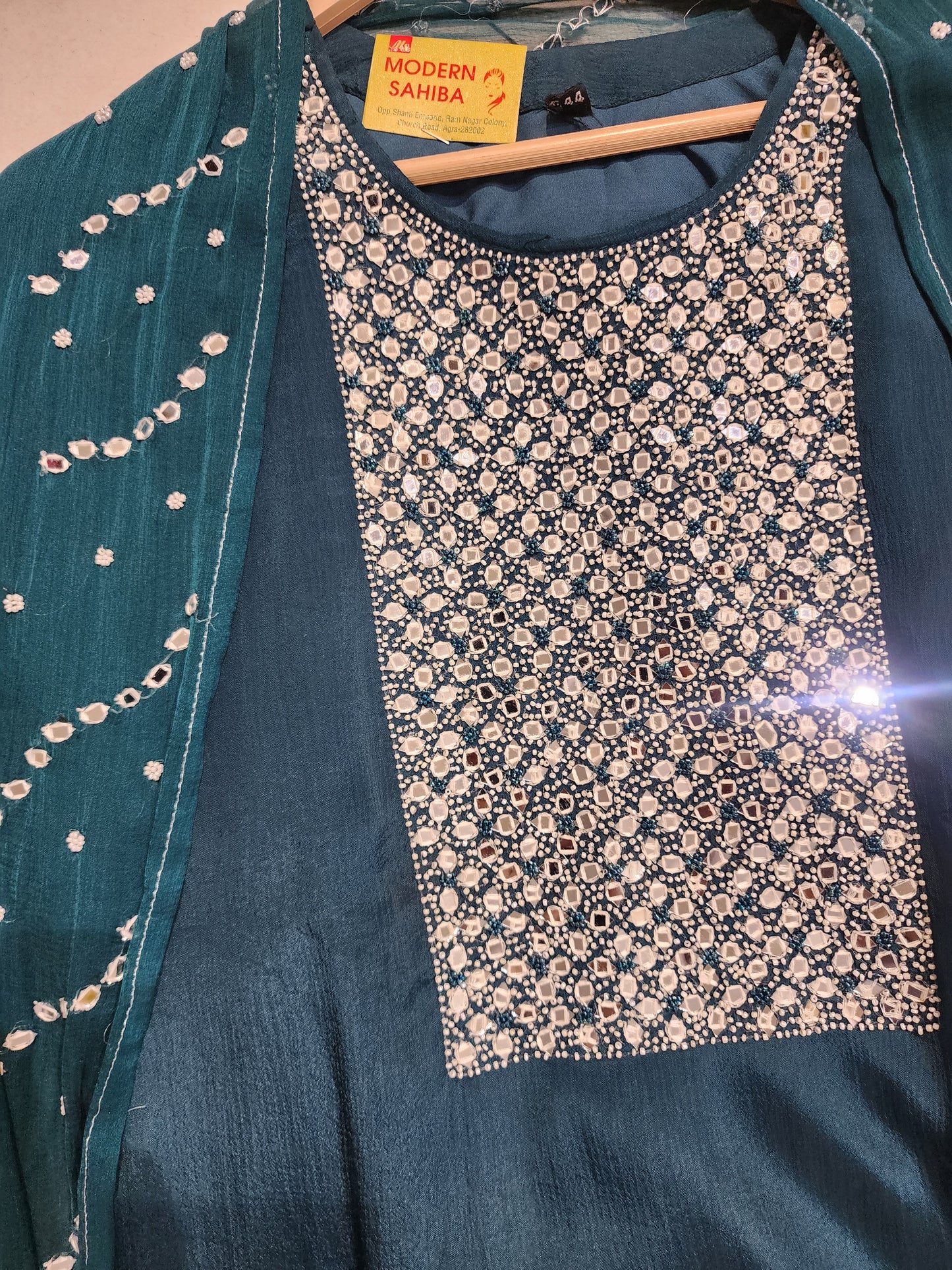 Blue mirror work straight suit