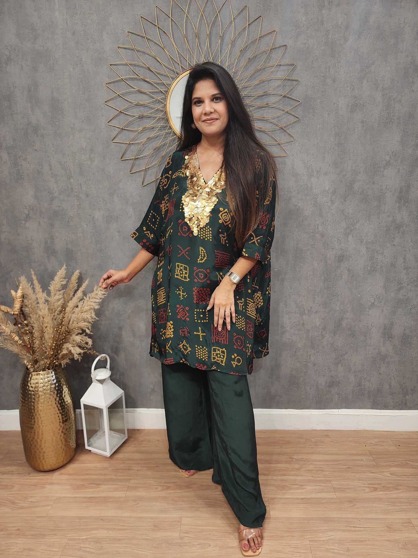 Green bandhani crepe baggy co-ord set