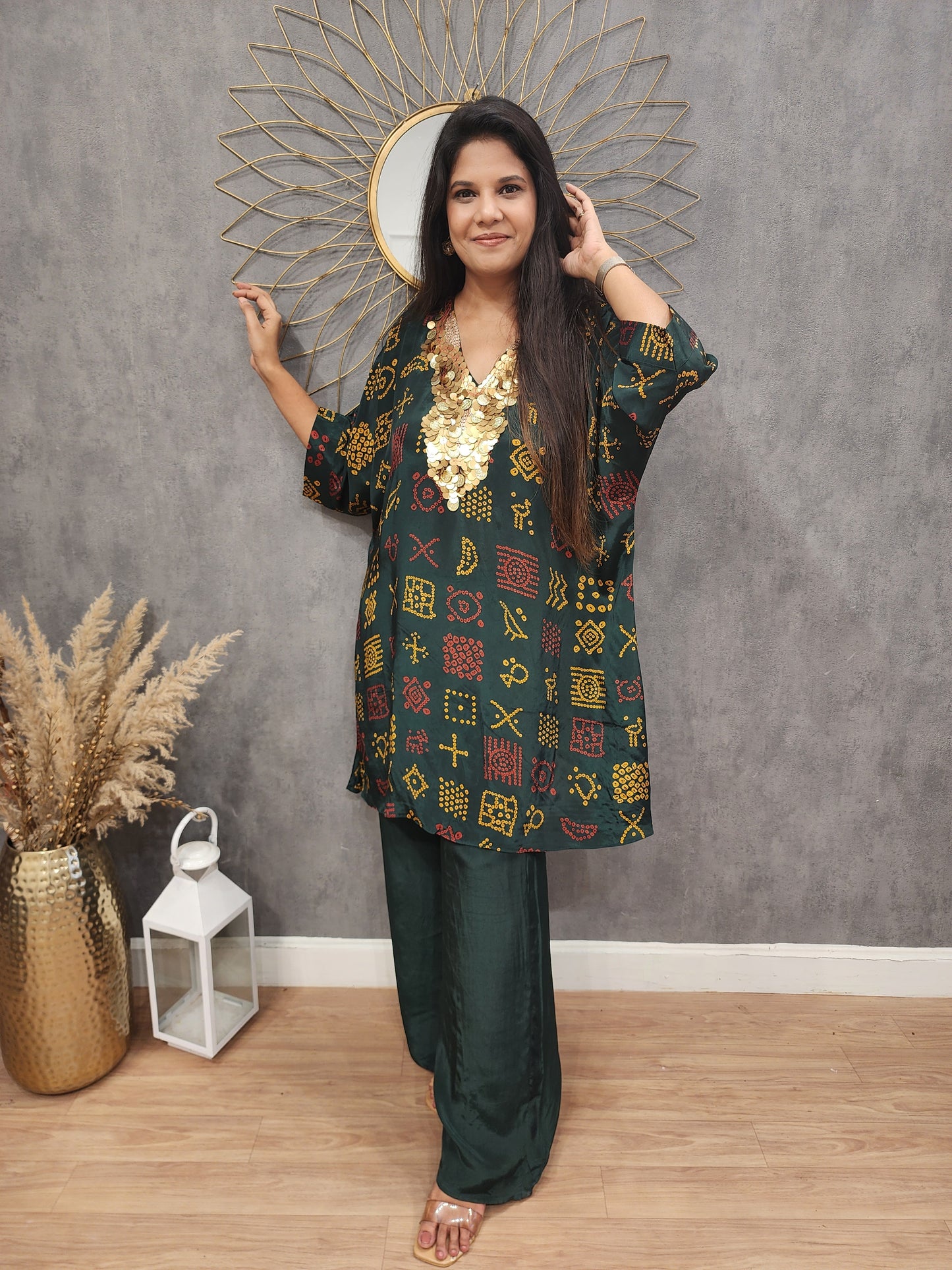 Green bandhani crepe baggy co-ord set