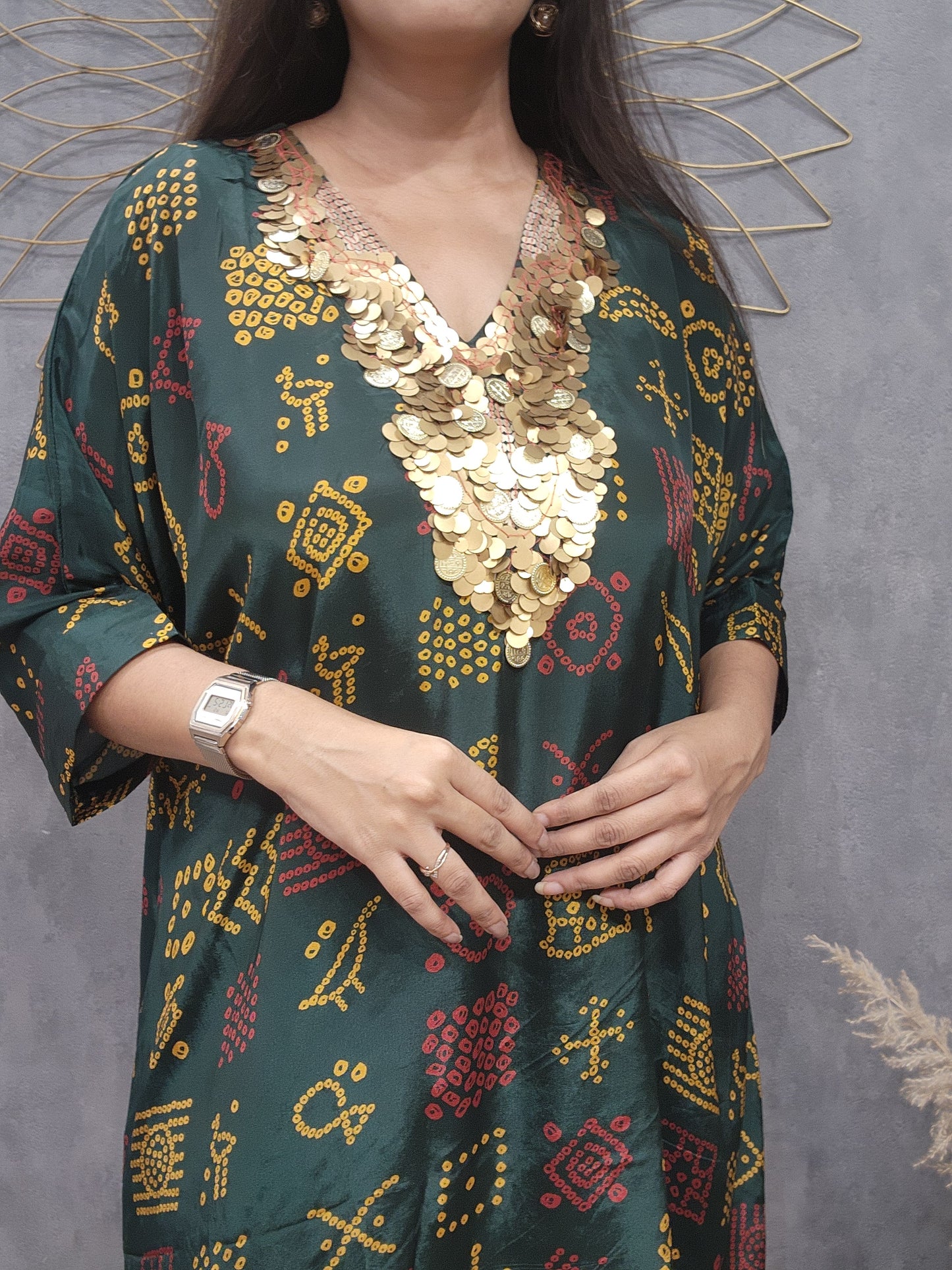Green bandhani crepe baggy co-ord set