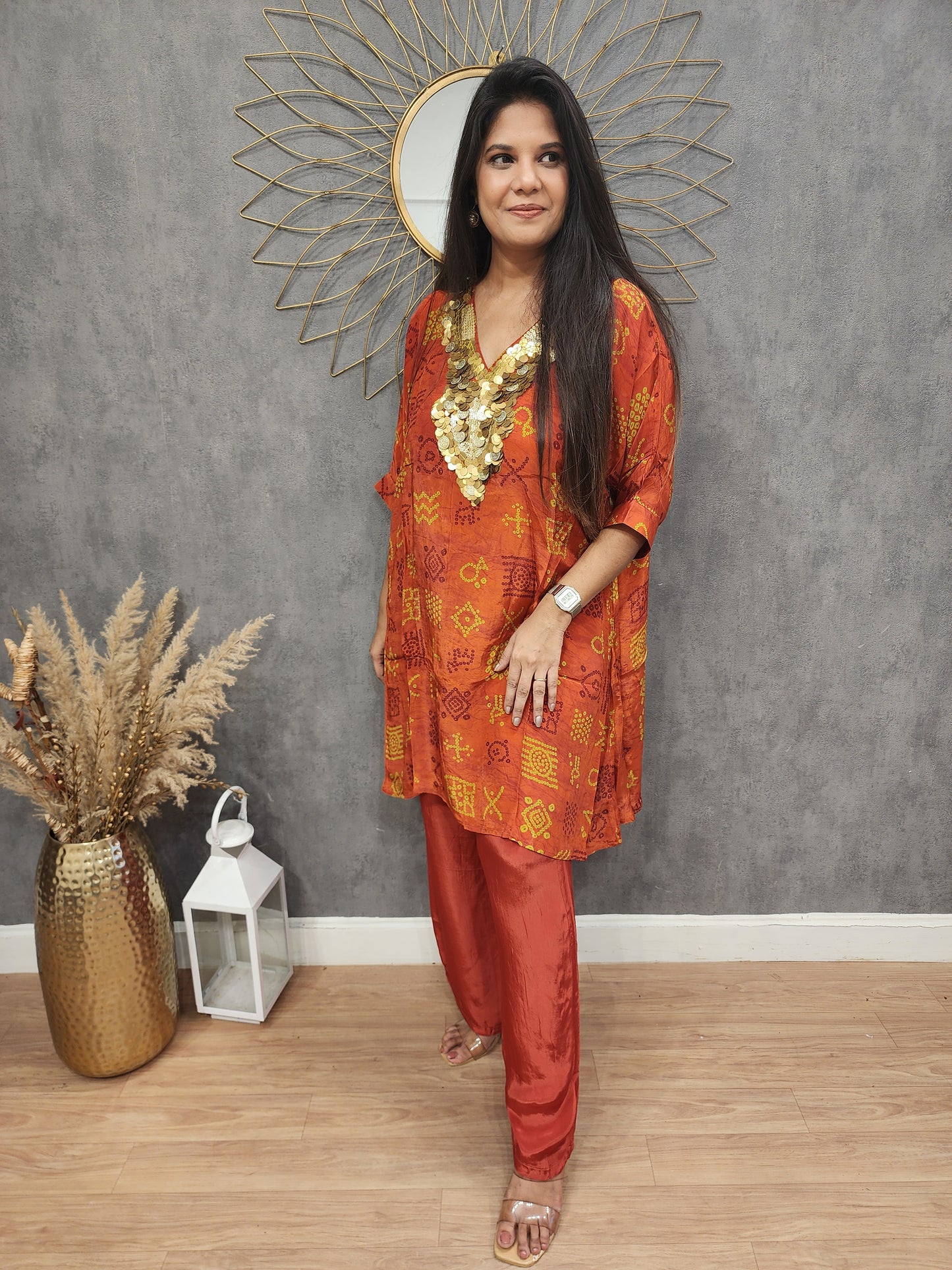 V neck orange crepe baggy co-ord set