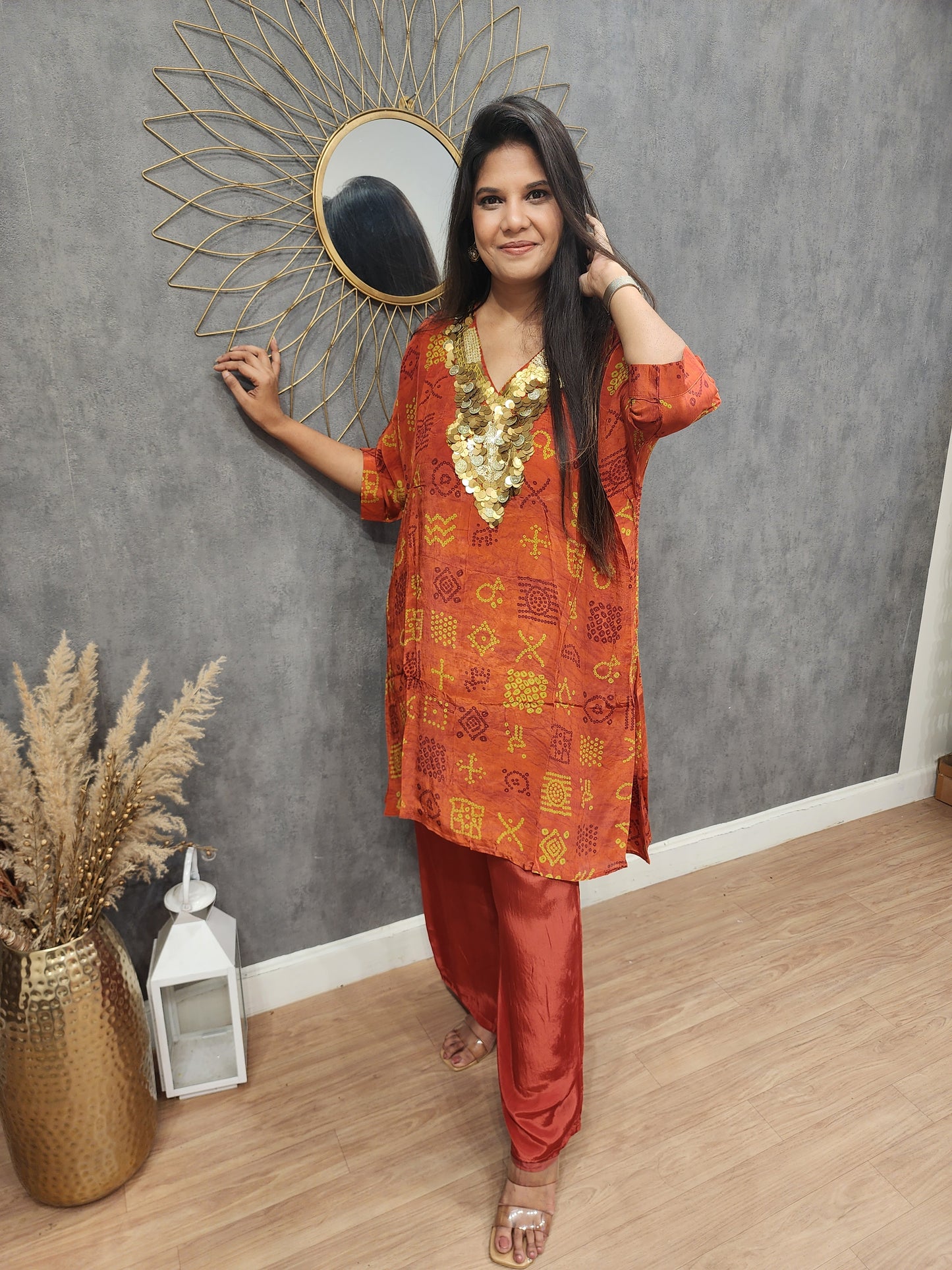 V neck orange crepe baggy co-ord set