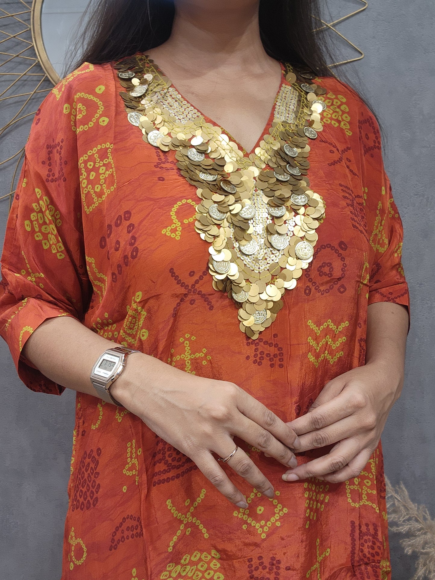 V neck orange crepe baggy co-ord set