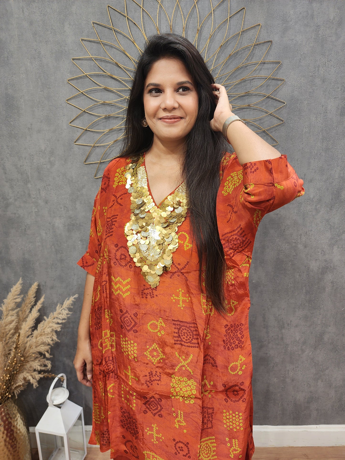 V neck orange crepe baggy co-ord set
