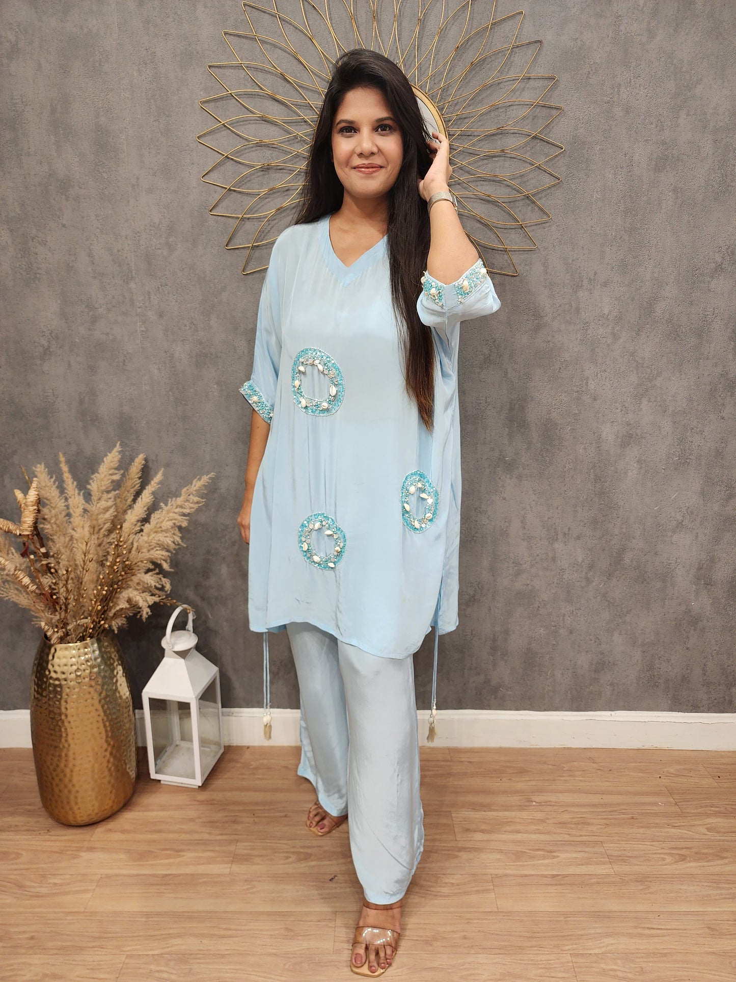 Nude blue Embroided crepe baggy co-ord set