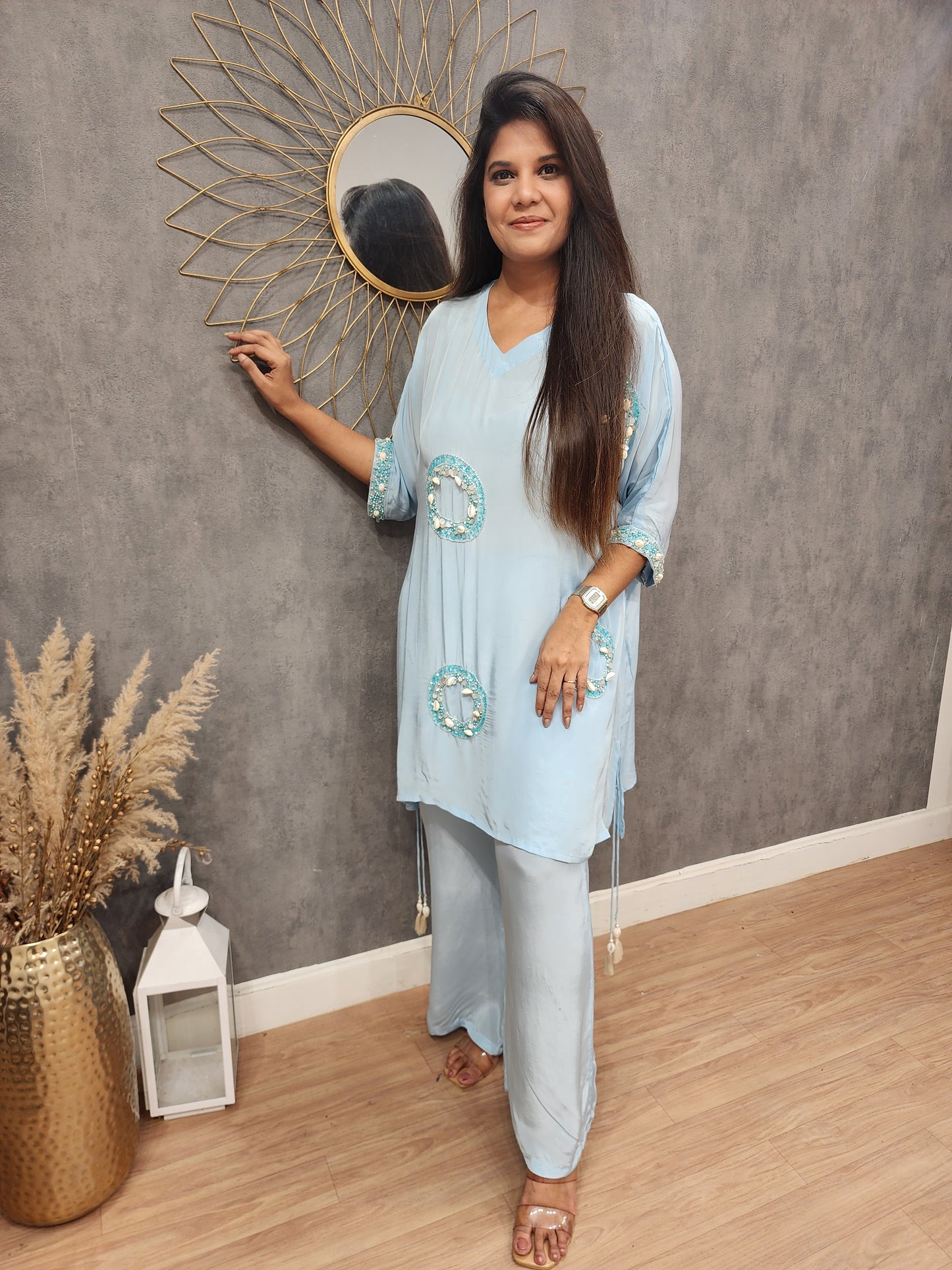 Nude blue Embroided crepe baggy co-ord set