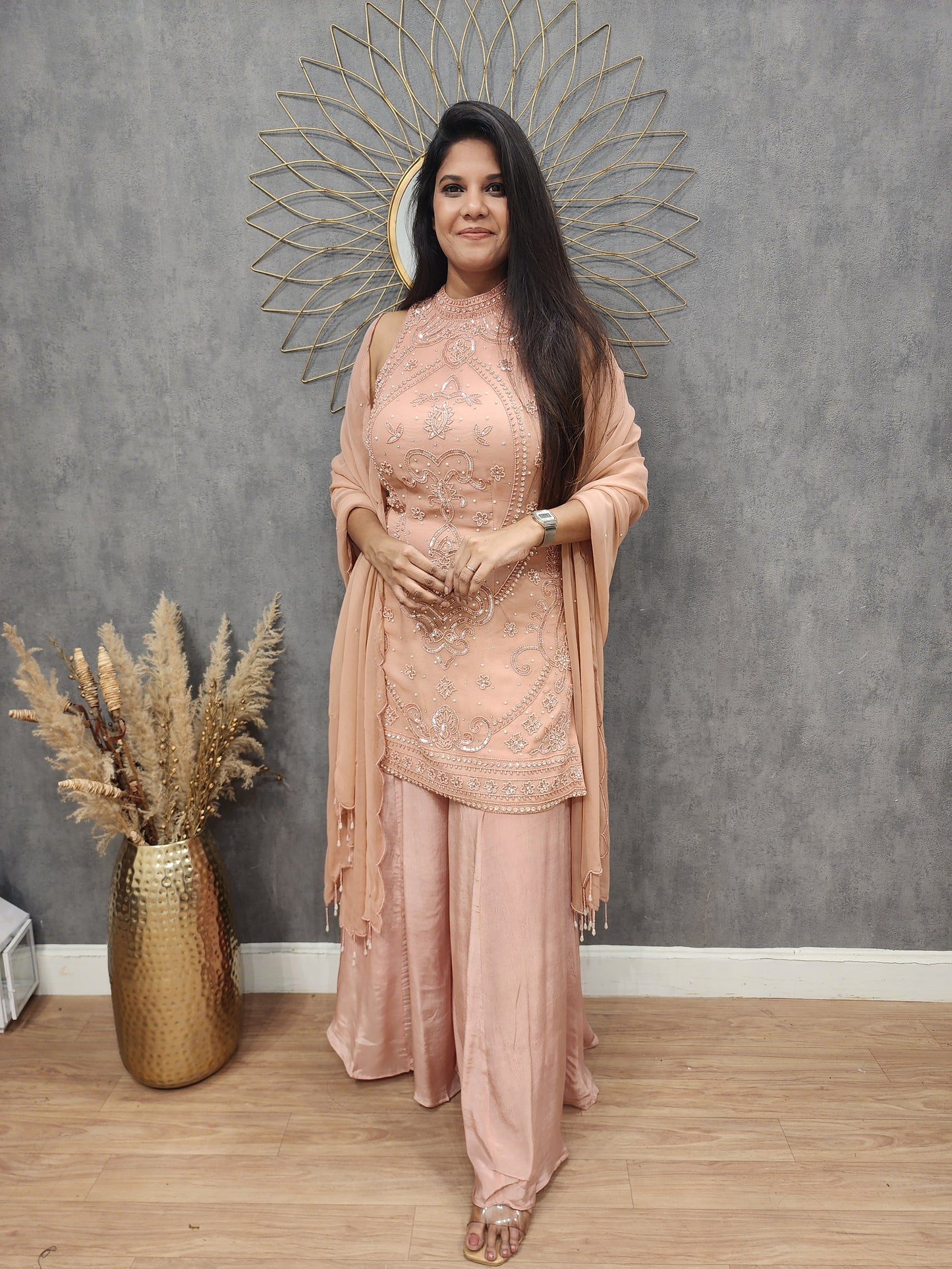 Nude peach handwork pure crepe sharara