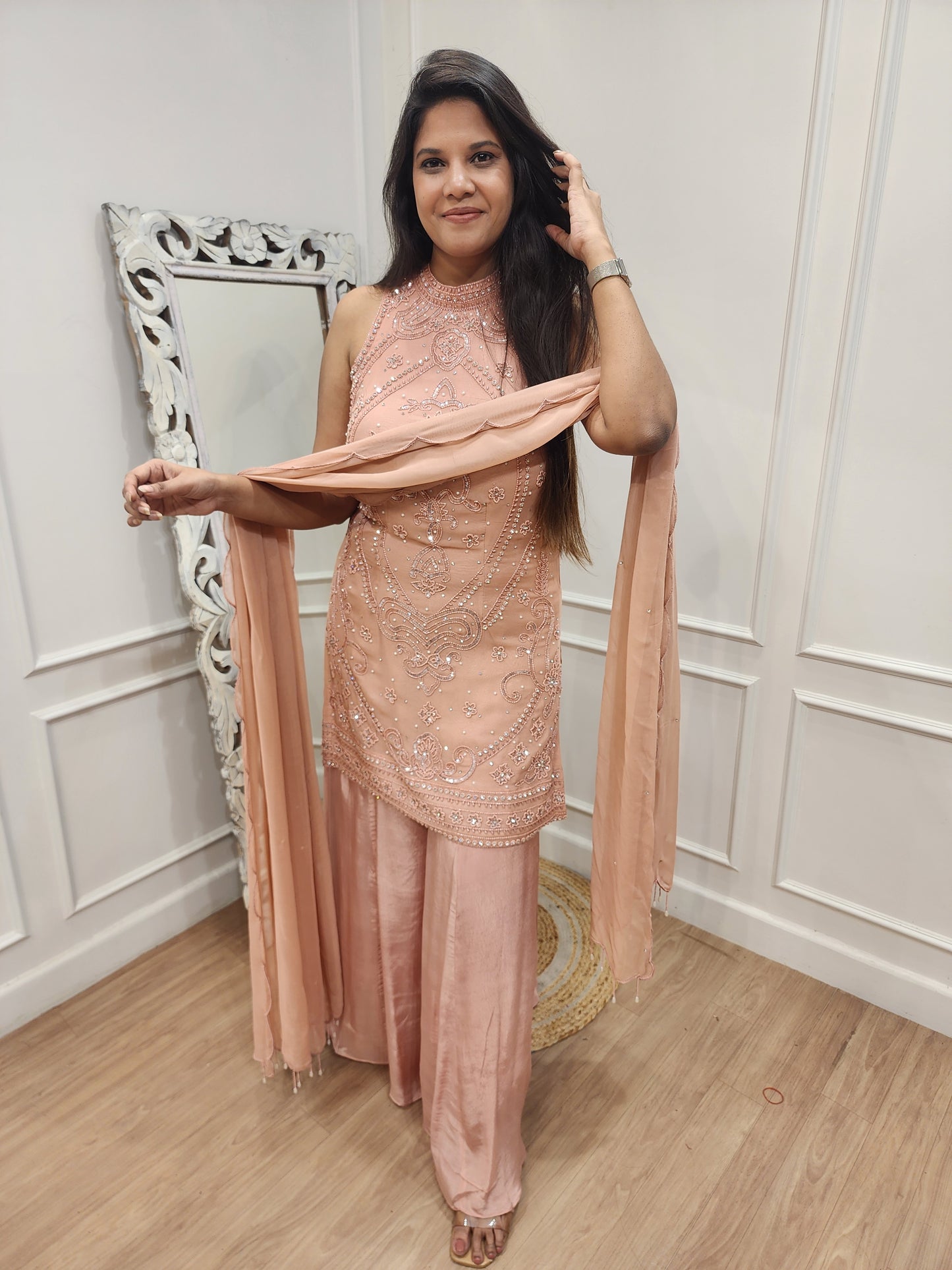 Nude peach handwork pure crepe sharara