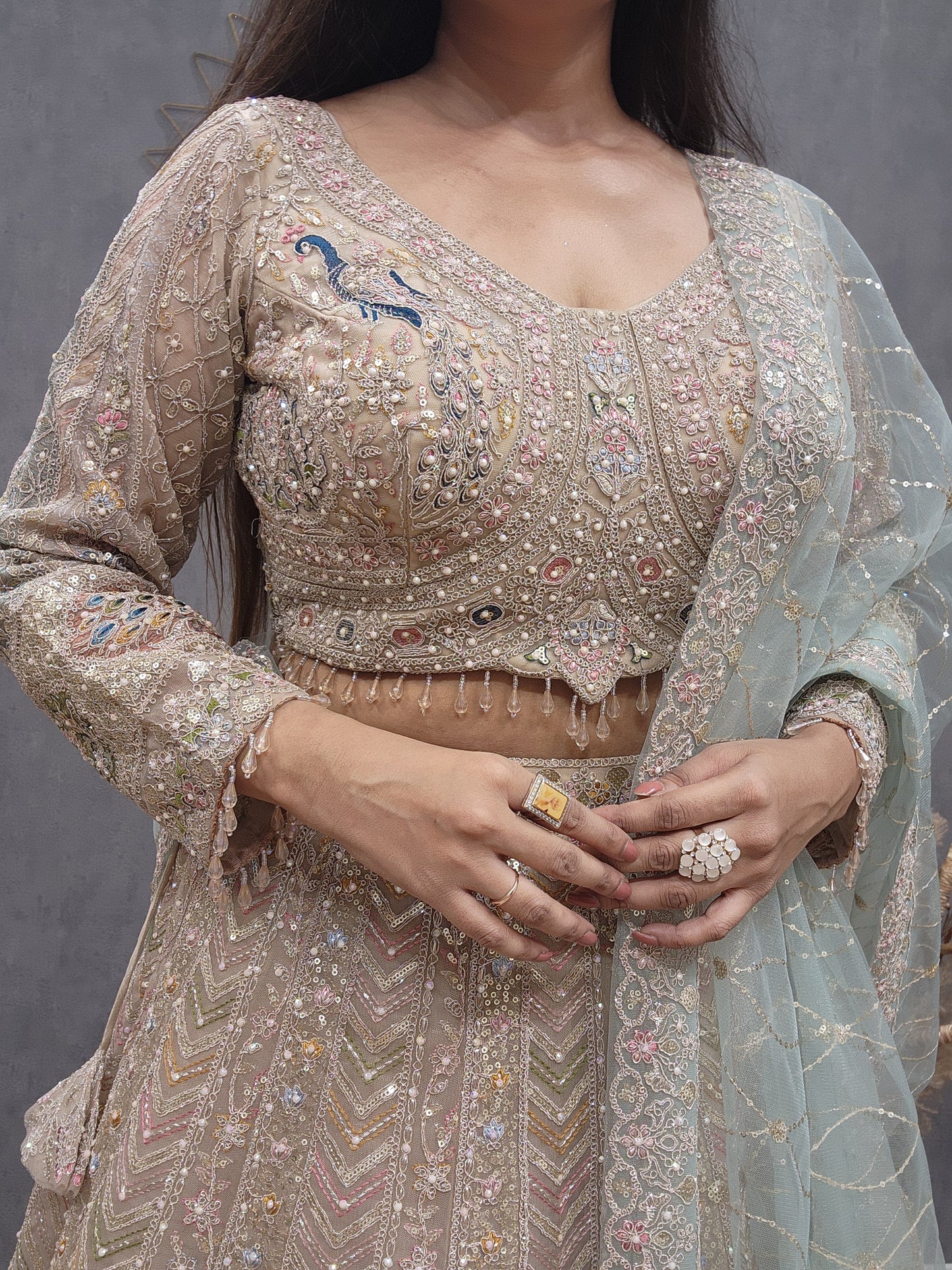 Peacock aariwork net lehenga with sky dupatta