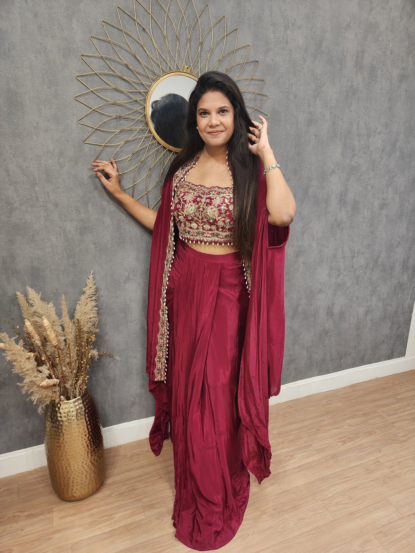 Heer metallick maroon cape indowestern dress