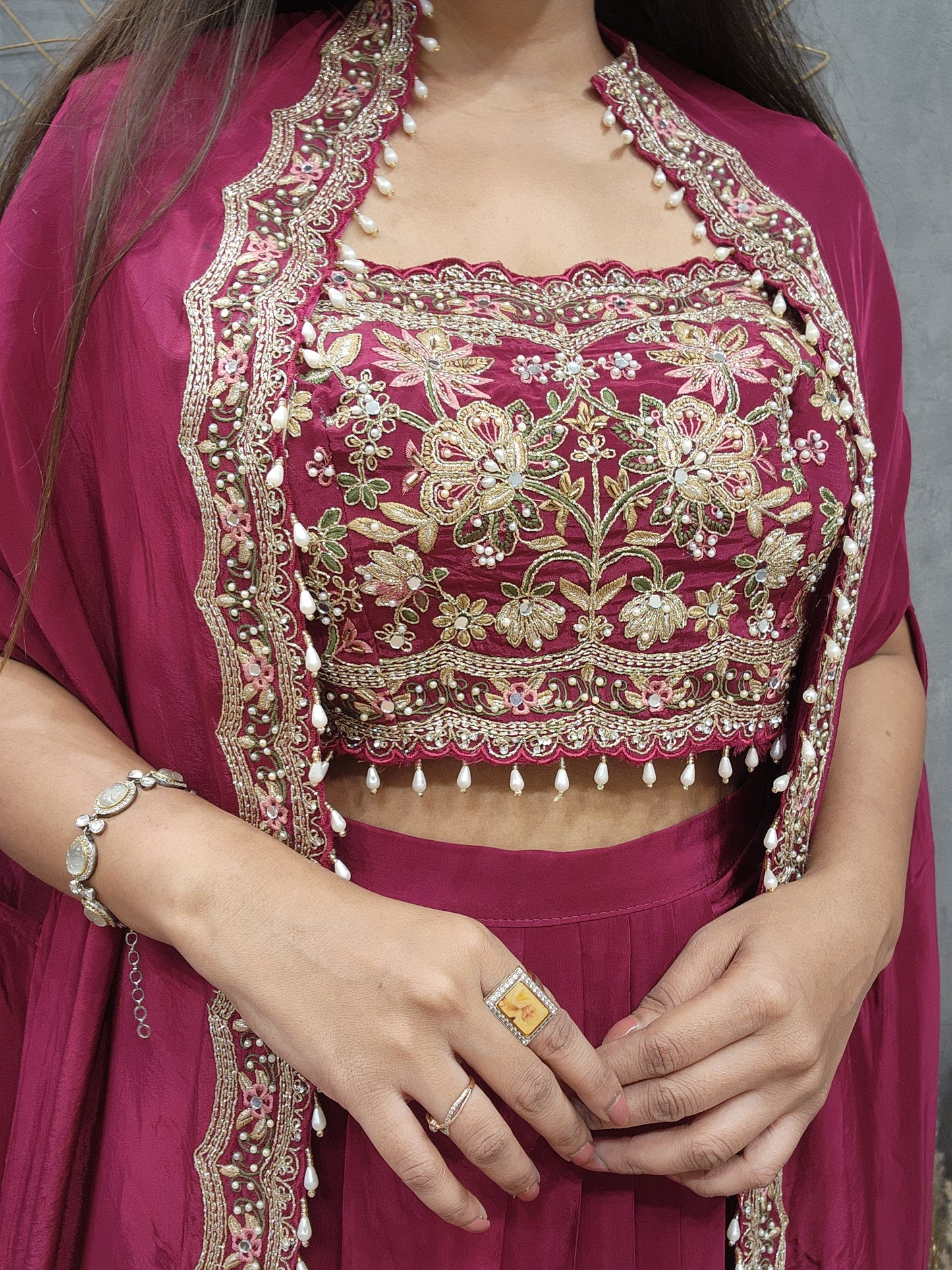 Heer metallick maroon cape indowestern dress