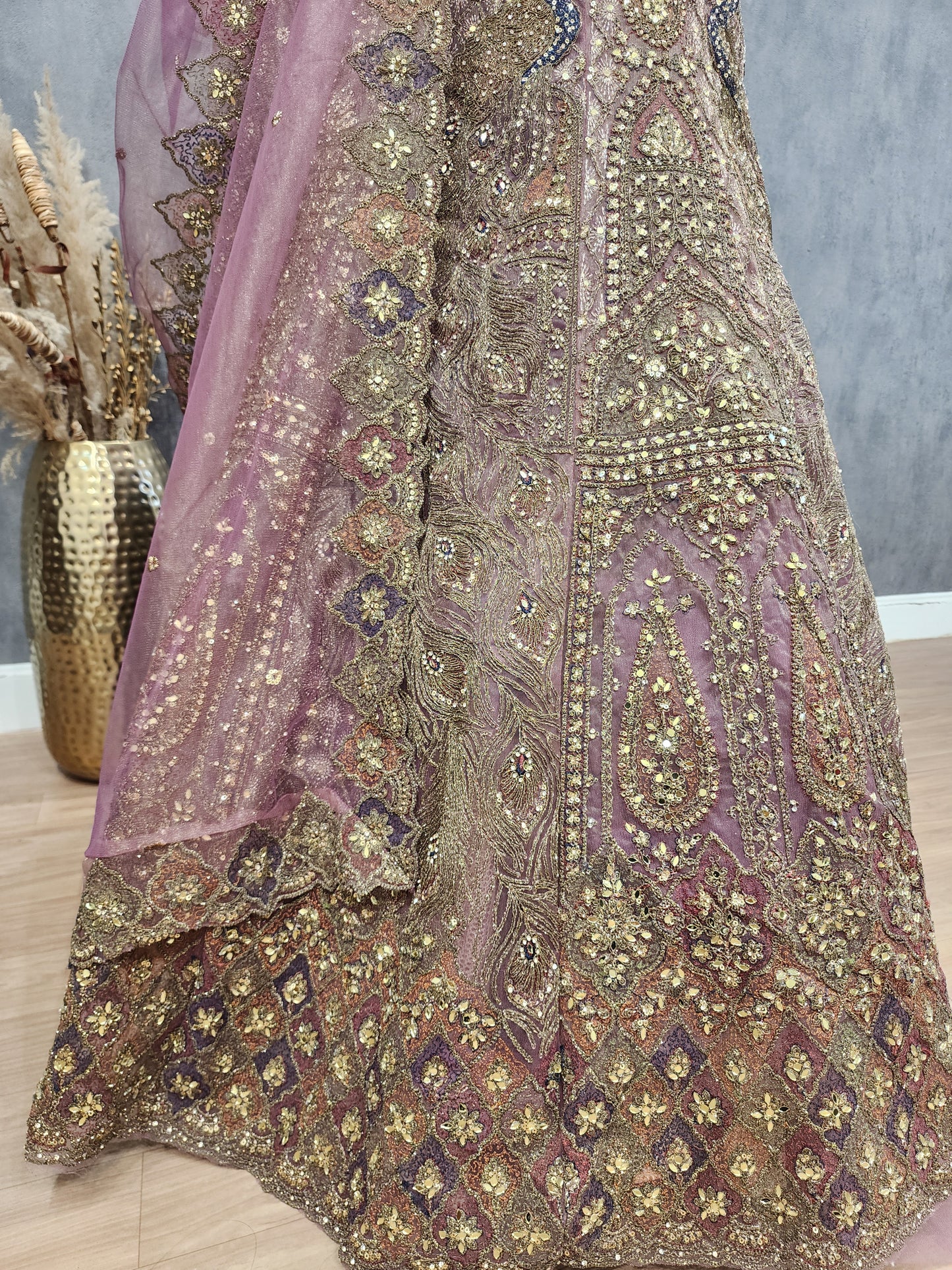 Aariwork Mauve net lehenga set