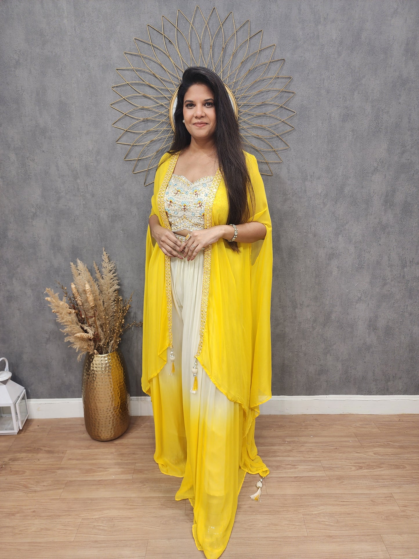 Yellow ombre 3pc cape indowestern dress