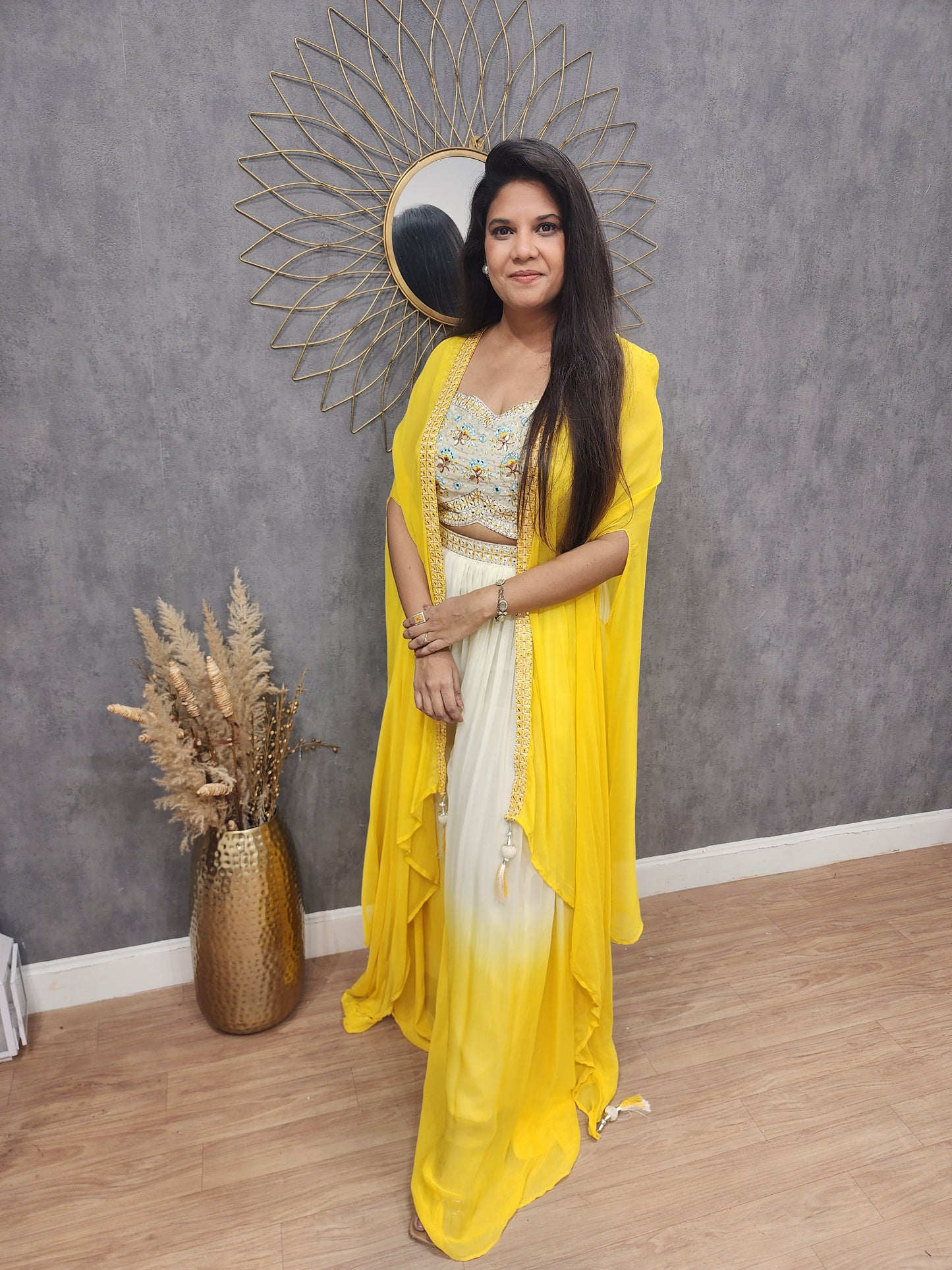 Yellow ombre 3pc cape indowestern dress