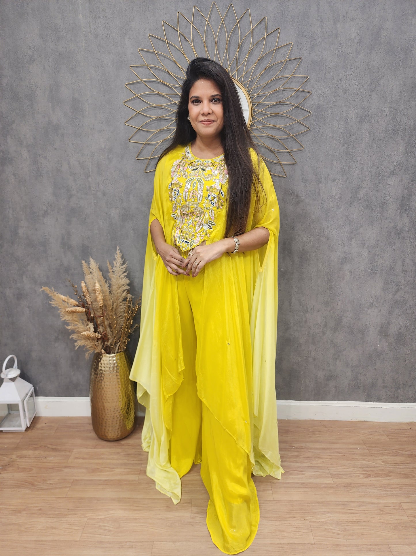 Yellow ombre cape Embroided dress