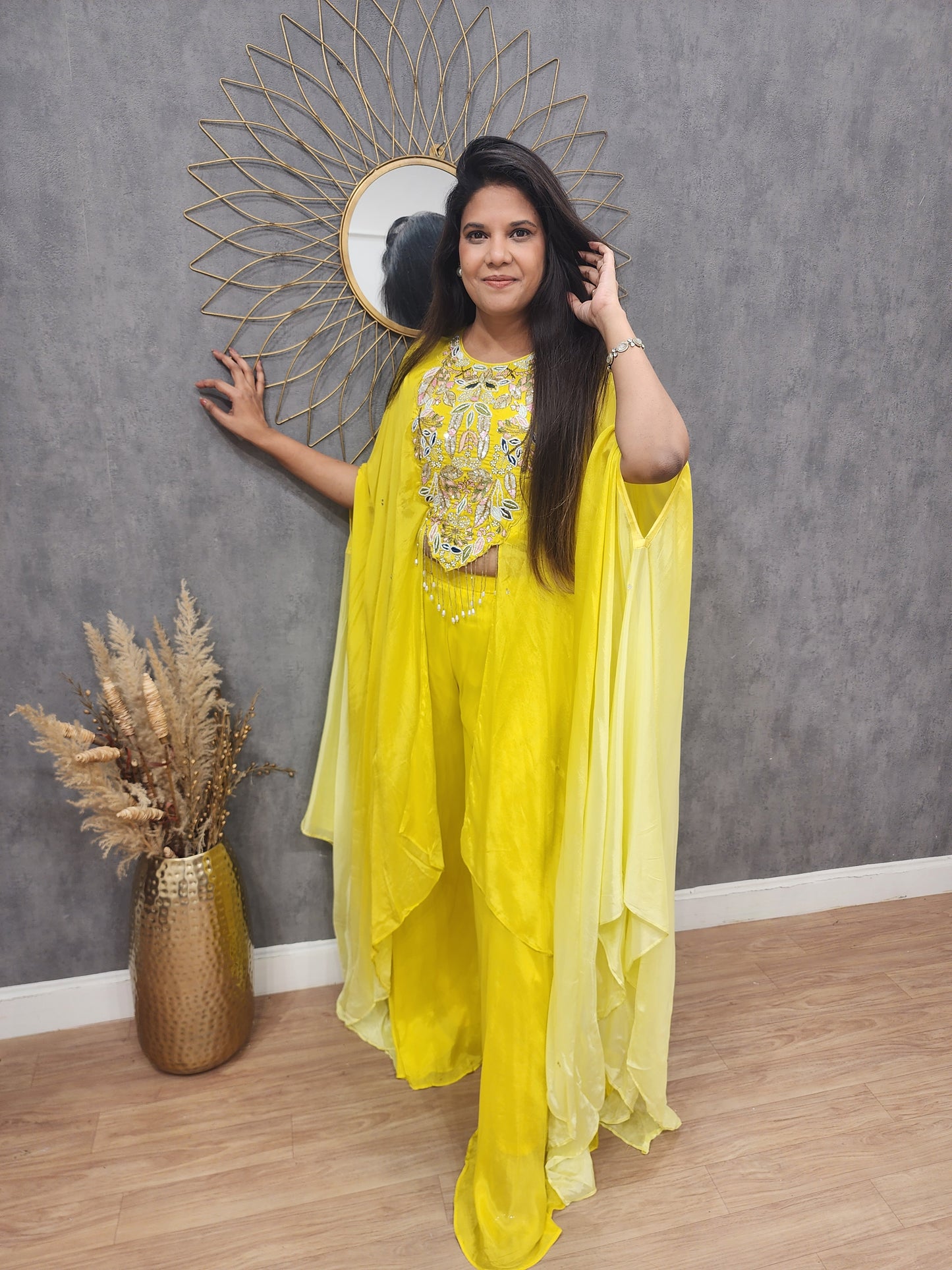 Yellow ombre cape Embroided dress