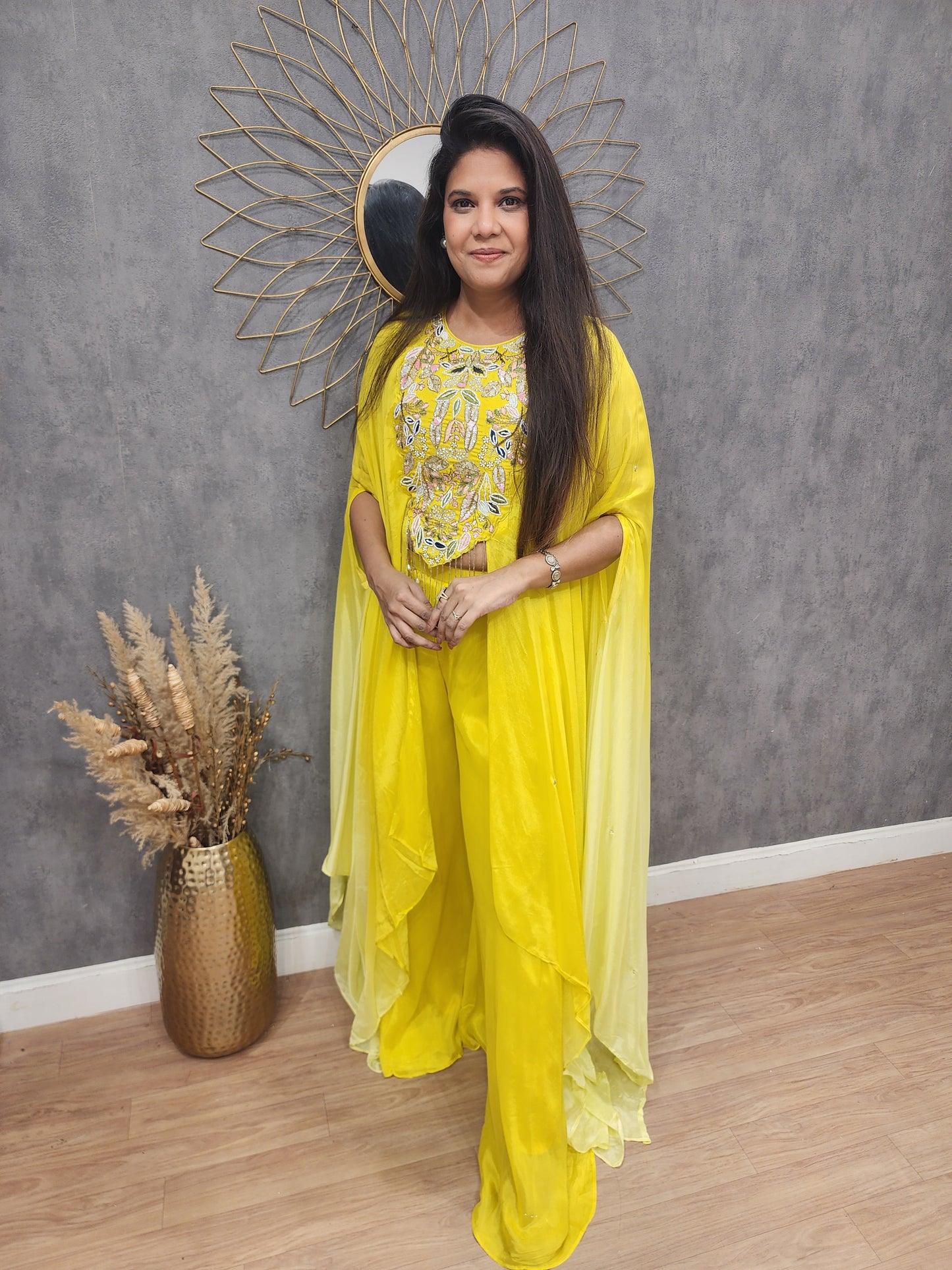Yellow ombre cape Embroided dress