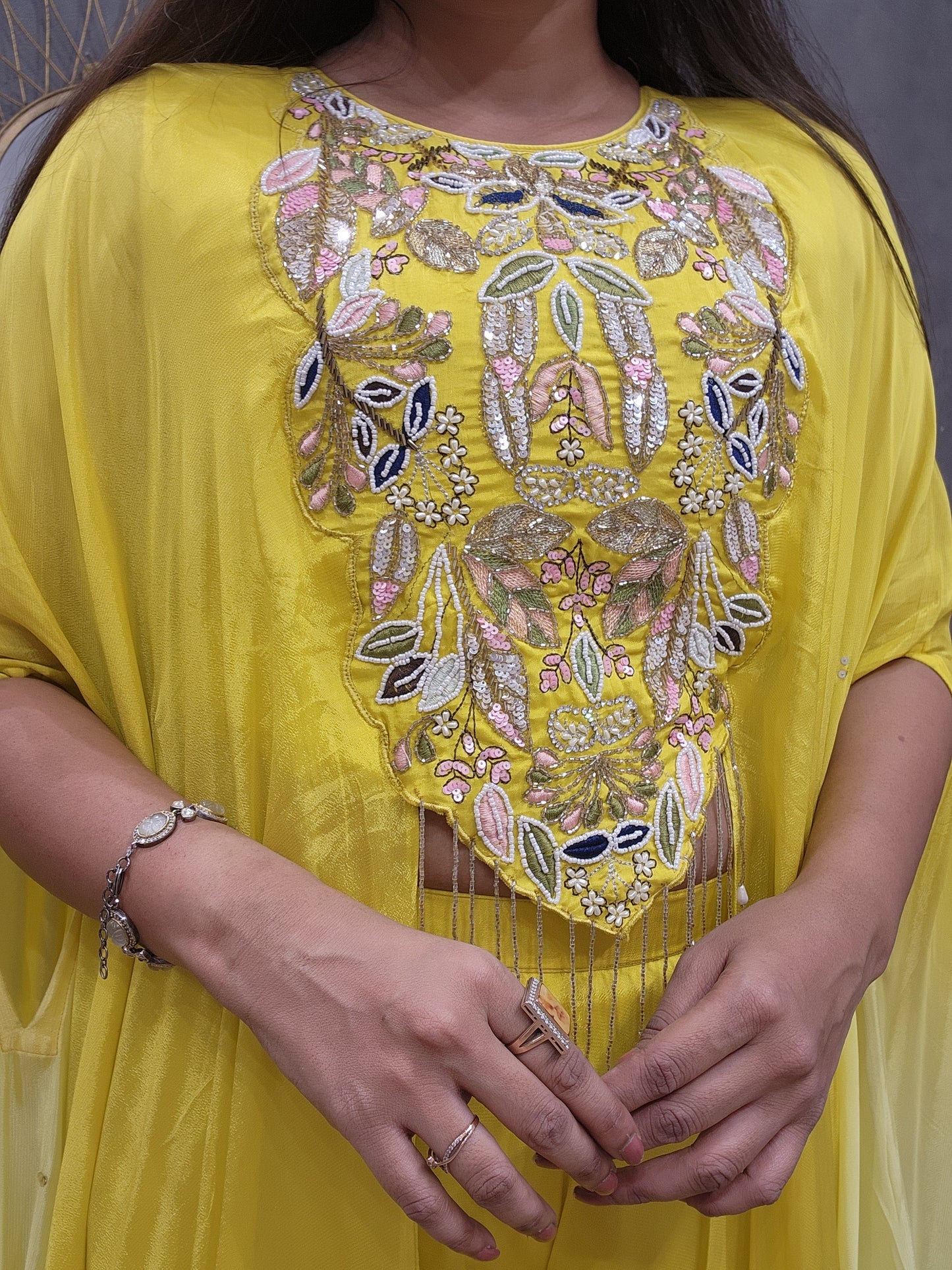 Yellow ombre cape Embroided dress