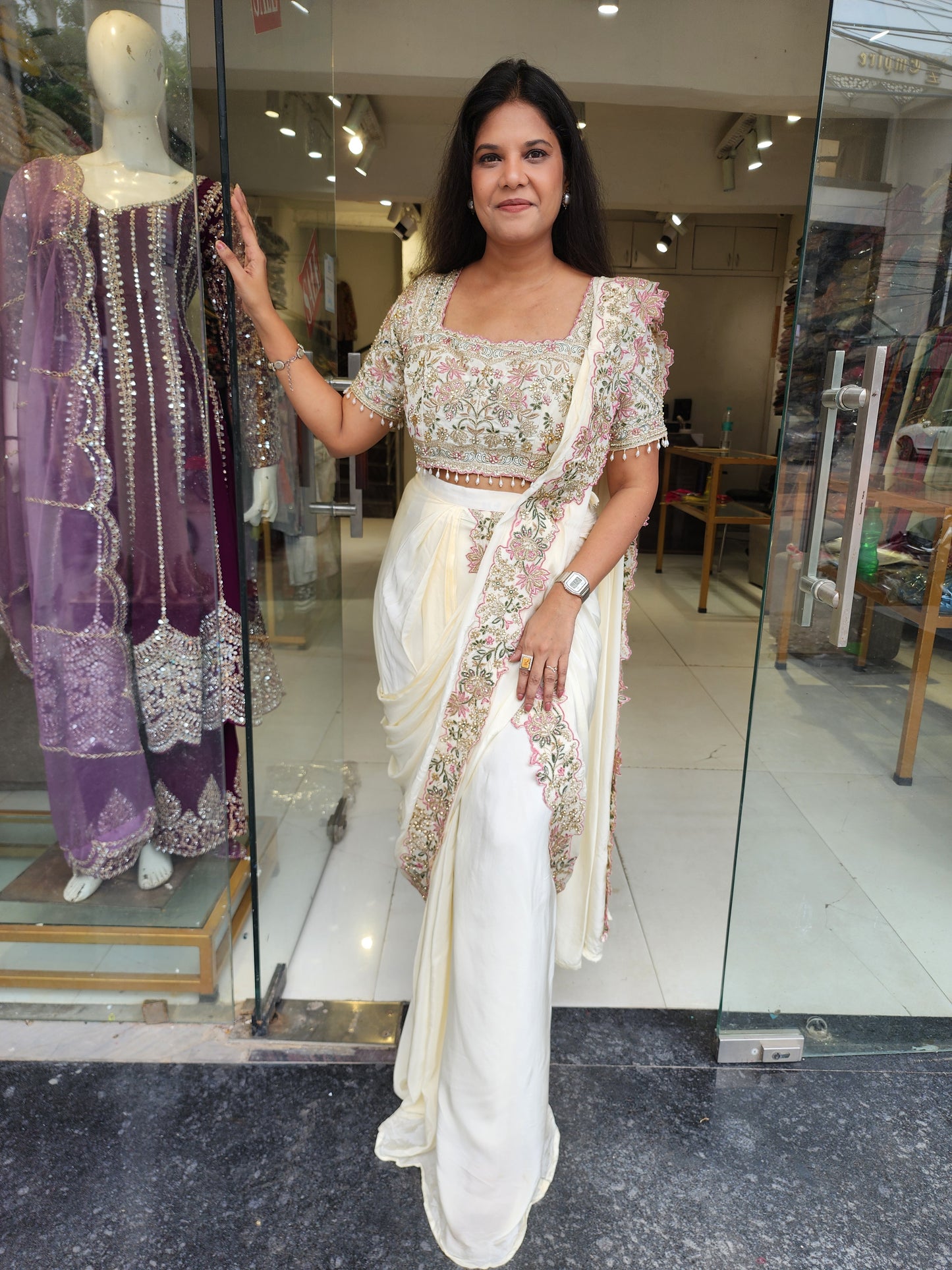 Heer off white Embroided drape saree