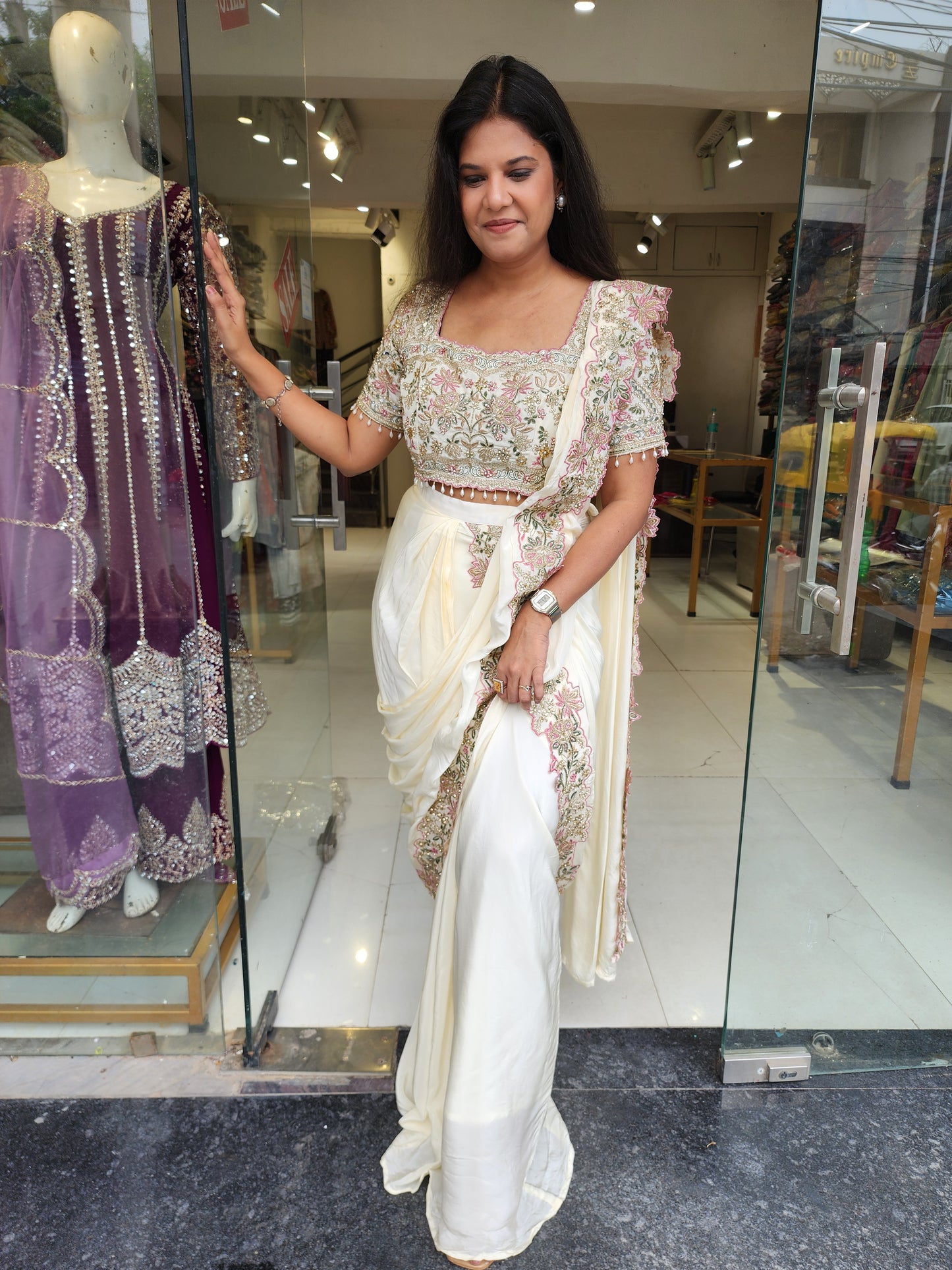 Heer off white Embroided drape saree