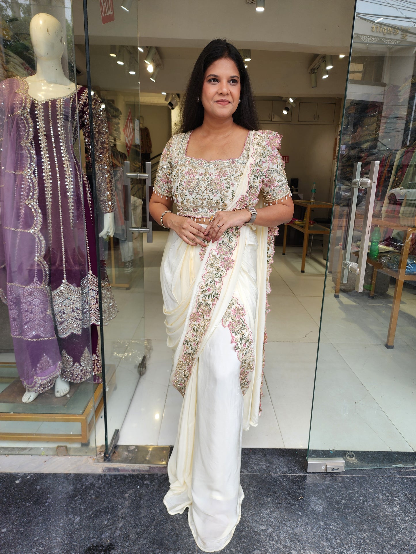 Heer off white Embroided drape saree