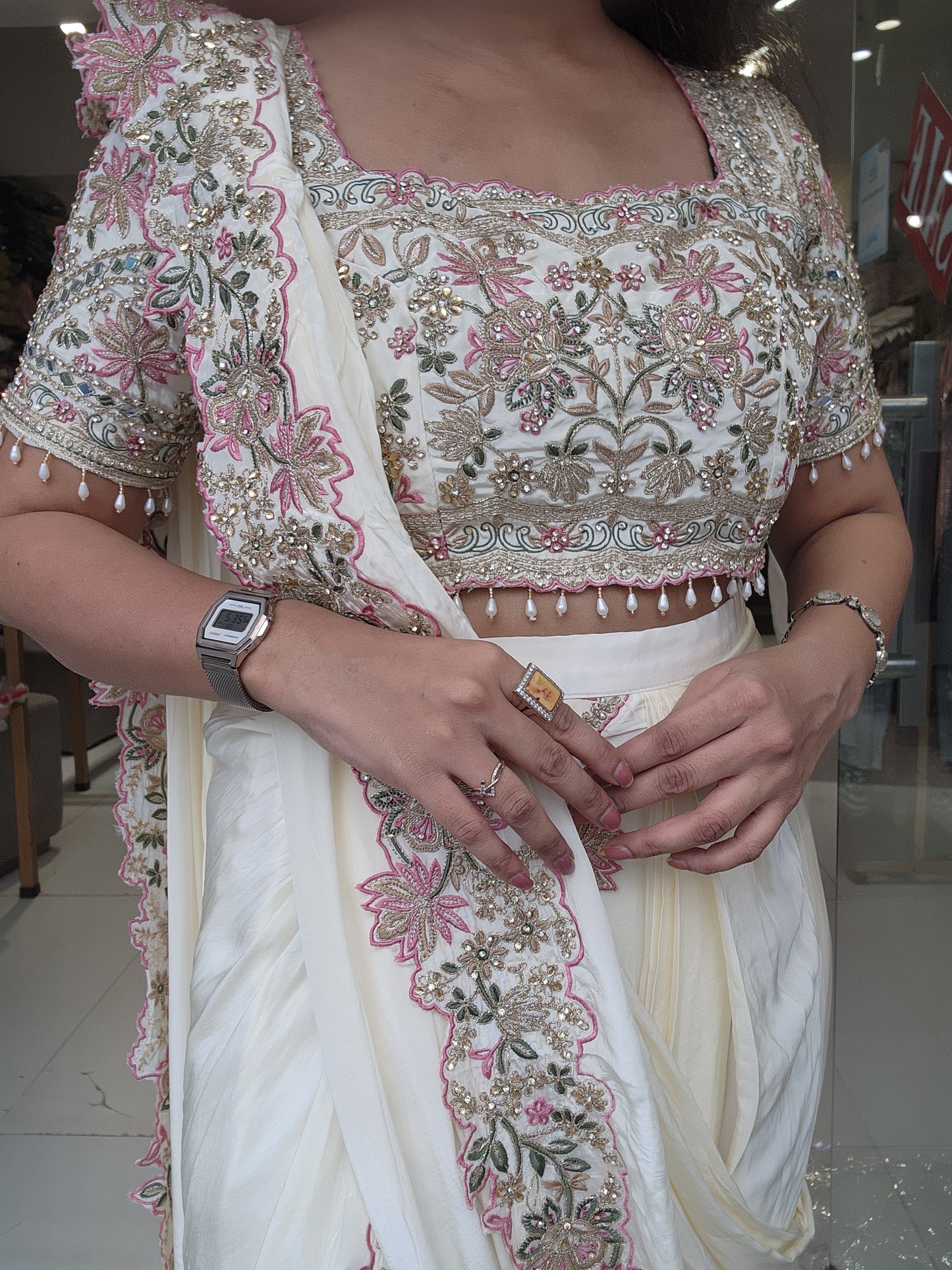 Heer off white Embroided drape saree